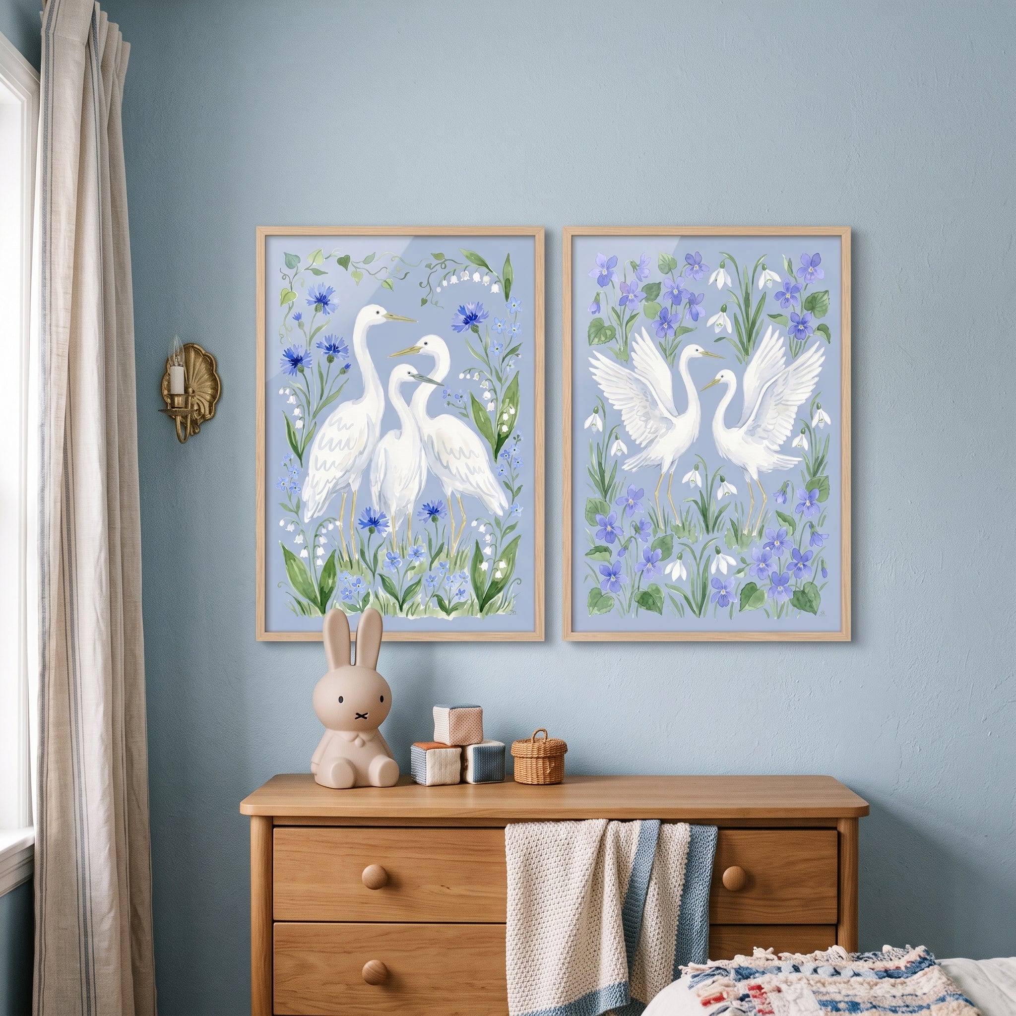 Cornflower Blue Garden Egret Bird Wall Art Set of 2 - Azure Heron Garden