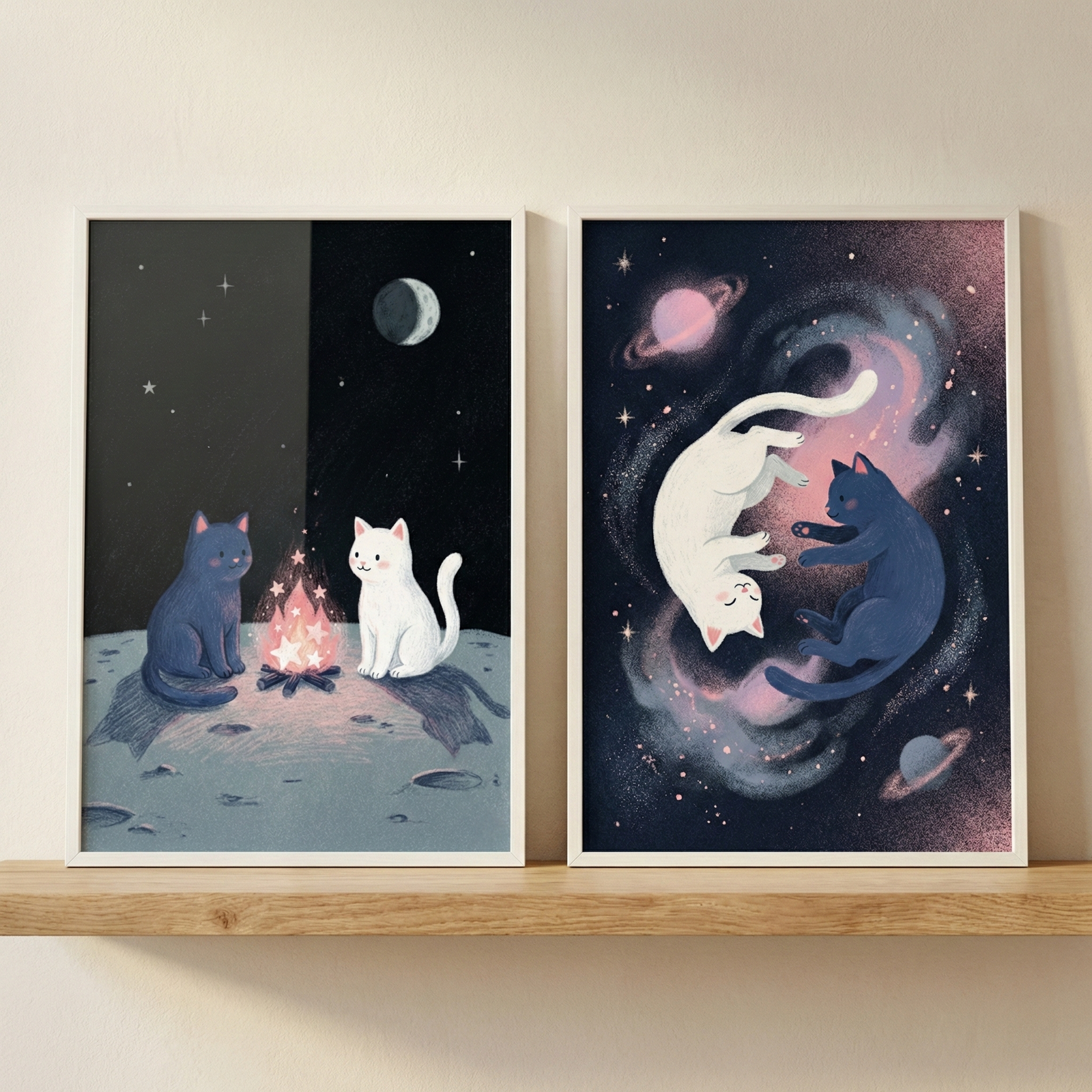 Two framed illustrations rest side-by-side on a light wooden shelf against a neutral wall. The left print depicts a dark blue cat and a white cat sitting by a glowing campfire on a cratered lunar surface, set against a split-tone night sky with a moon and stars. The right print shows the same two cats floating in a cosmic embrace within a swirling nebula, surrounded by twinkling stars and colorful ringed planets. Both pieces feature a whimsical, soft-textured art style.