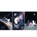 Three dreamy space-themed illustrations featuring a dark blue cat and a white cat. In the first image, the two cats run happily together along a sparkling comet trail across a star-filled sky. In the second image, the cats float playfully in a swirling galaxy surrounded by planets and glowing stars. In the third image, the cats sit facing each other beside a small glowing campfire made of star-shaped sparks on a moon-like surface under a crescent moon.
