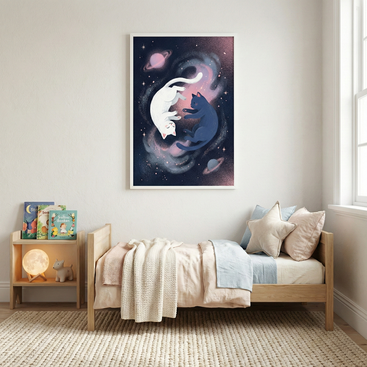A bright, cozy child's bedroom features a light wood toddler bed with soft, neutral-toned bedding and a star-shaped pillow. Above the bed hangs a large framed artwork depicting a white cat and a dark blue cat floating together in a cosmic night sky filled with stars and nebulas. To the left, a small wooden shelf holds several colorful books and a glowing moon-shaped lamp. The room is decorated in soft, warm tones with a textured rug and natural light coming from a window.