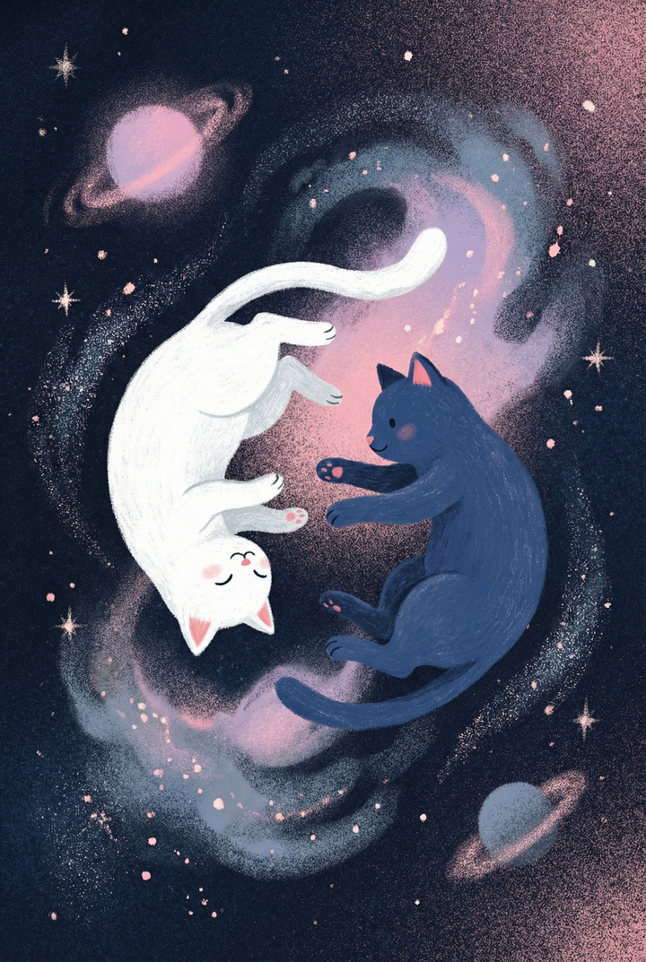 Soft space themed illustration of a white cat and a blue cat drifting upside down within a glowing pink and purple nebula. Tiny planets and stars surround them as they reach toward one another.

