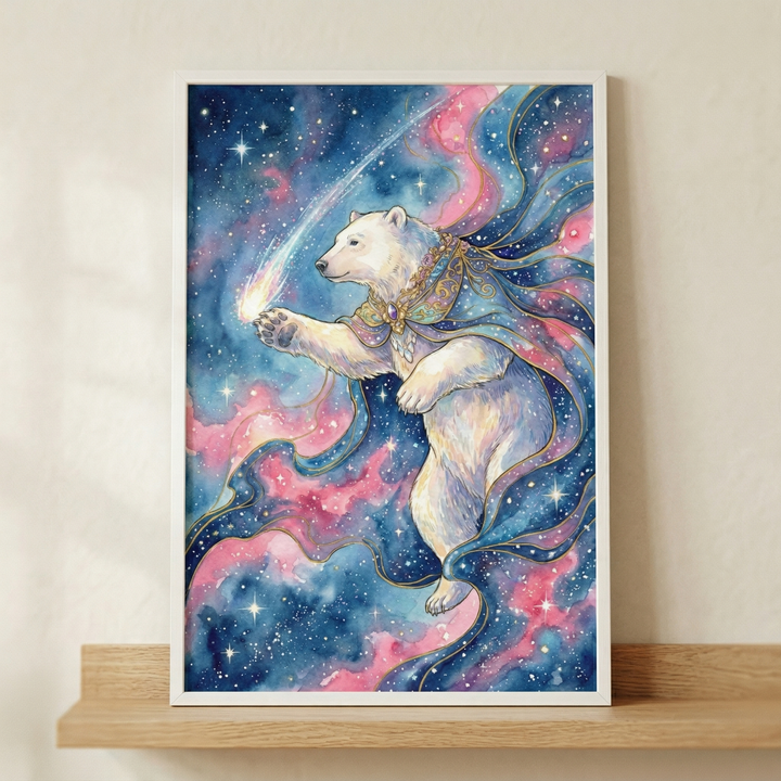 A vertical illustration features a majestic polar bear floating in a cosmic realm. The bear wears an ornate, golden jewel-encrusted collar and is draped in a flowing cape made of swirling blue and pink celestial energy. It reaches a paw toward a bright, trailing comet. The background is a deep blue sky filled with twinkling stars and vibrant pink and blue nebula clouds. This whimsical piece is held in a thin white frame and sits on a light wooden shelf against a neutral wall.