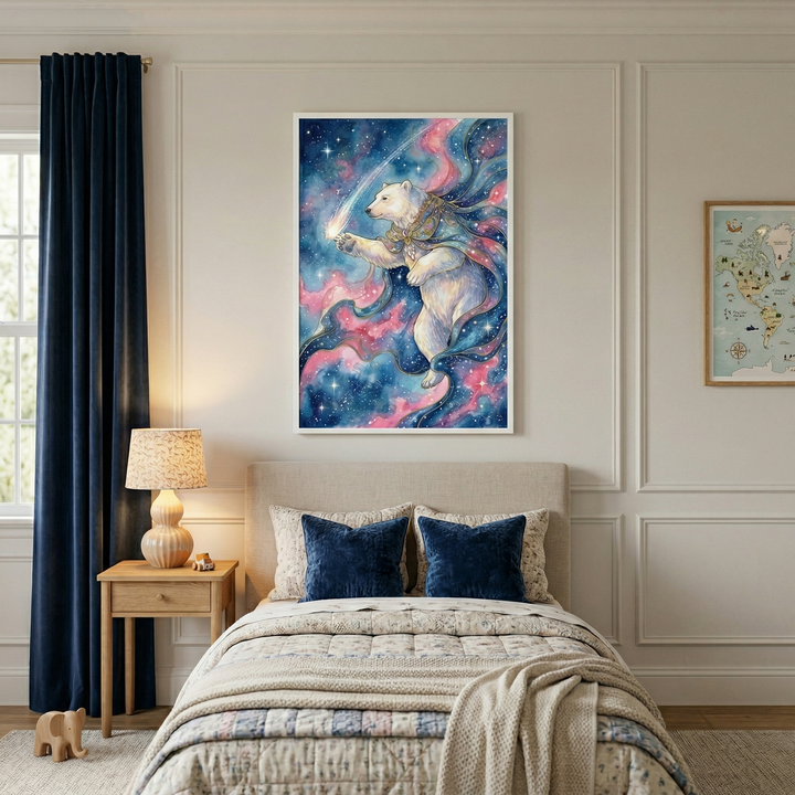 A bedroom features a single bed dressed in light-colored, patterned bedding and two deep blue velvet pillows. Above the headboard, a large framed artwork depicts a white polar bear in an ornate golden harness floating through a cosmic scene of swirling pink and blue nebulae and stars, reaching toward a glowing streak of light. To the left is a wooden nightstand with a lamp and tall navy blue curtains. A framed world map hangs on the wall to the right.