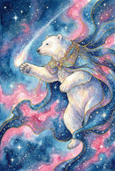 Fantasy wall art print of a white polar bear floating through a star filled sky in an ornate blue and gold celestial collar with long flowing ribbons trailing behind. The bear reaches one paw toward a glowing comet against swirling pink and blue nebula clouds. The dreamy cosmic colors give the scene a magical storybook feel.
