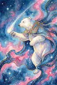 Fantasy wall art print of a white polar bear floating through a star filled sky in an ornate blue and gold celestial collar with long flowing ribbons trailing behind. The bear reaches one paw toward a glowing comet against swirling pink and blue nebula clouds. The dreamy cosmic colors give the scene a magical storybook feel.
