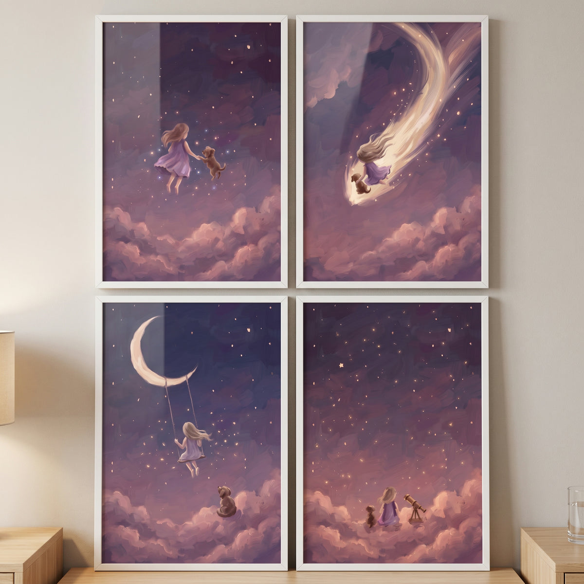Cosmic violet girl dog wall art set of 4 with a moon swing, shooting star, telescope, and starry night clouds.