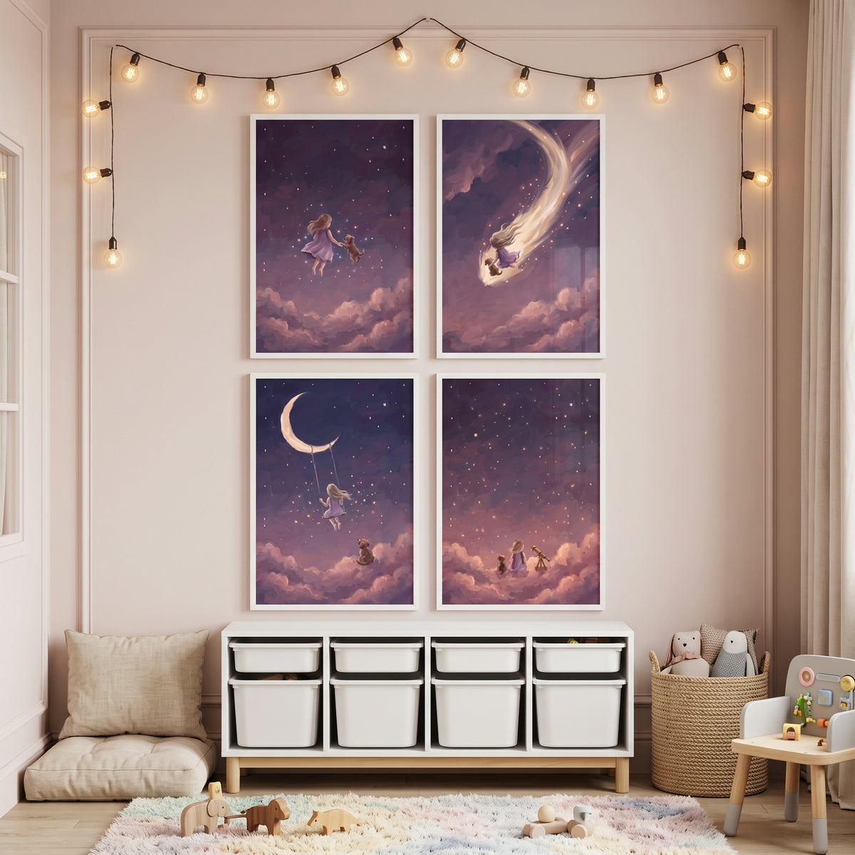 Cosmic Violet Girl Dog Wall Art Set of 4 - Celestial Moon Voyage