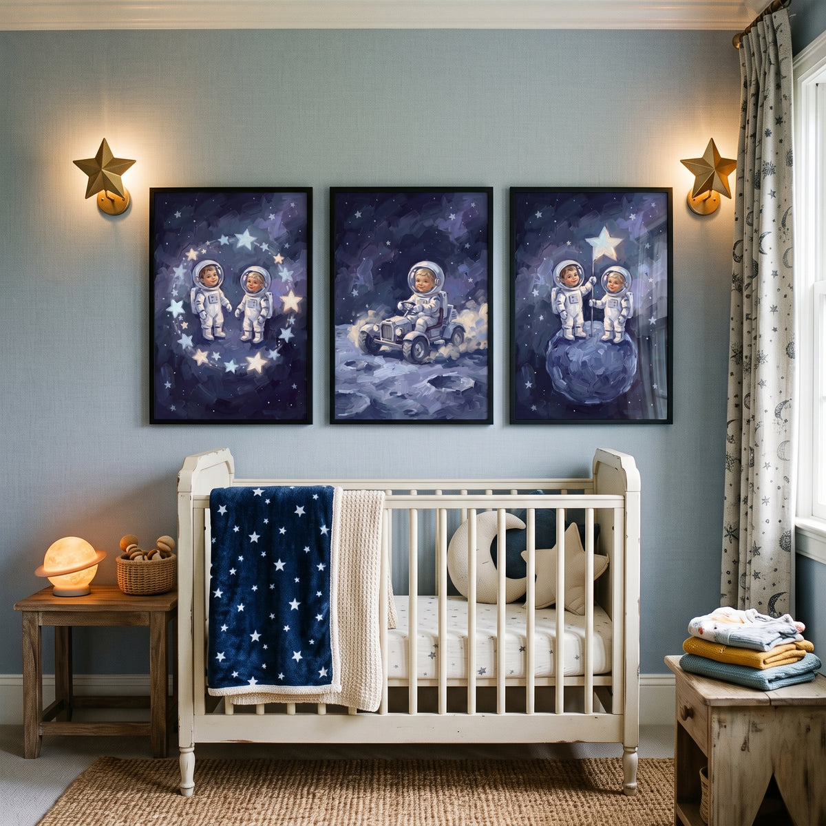 Cosmic Voyage Baby Astronaut Wall Art Set of 3 - Galactic Play Time
