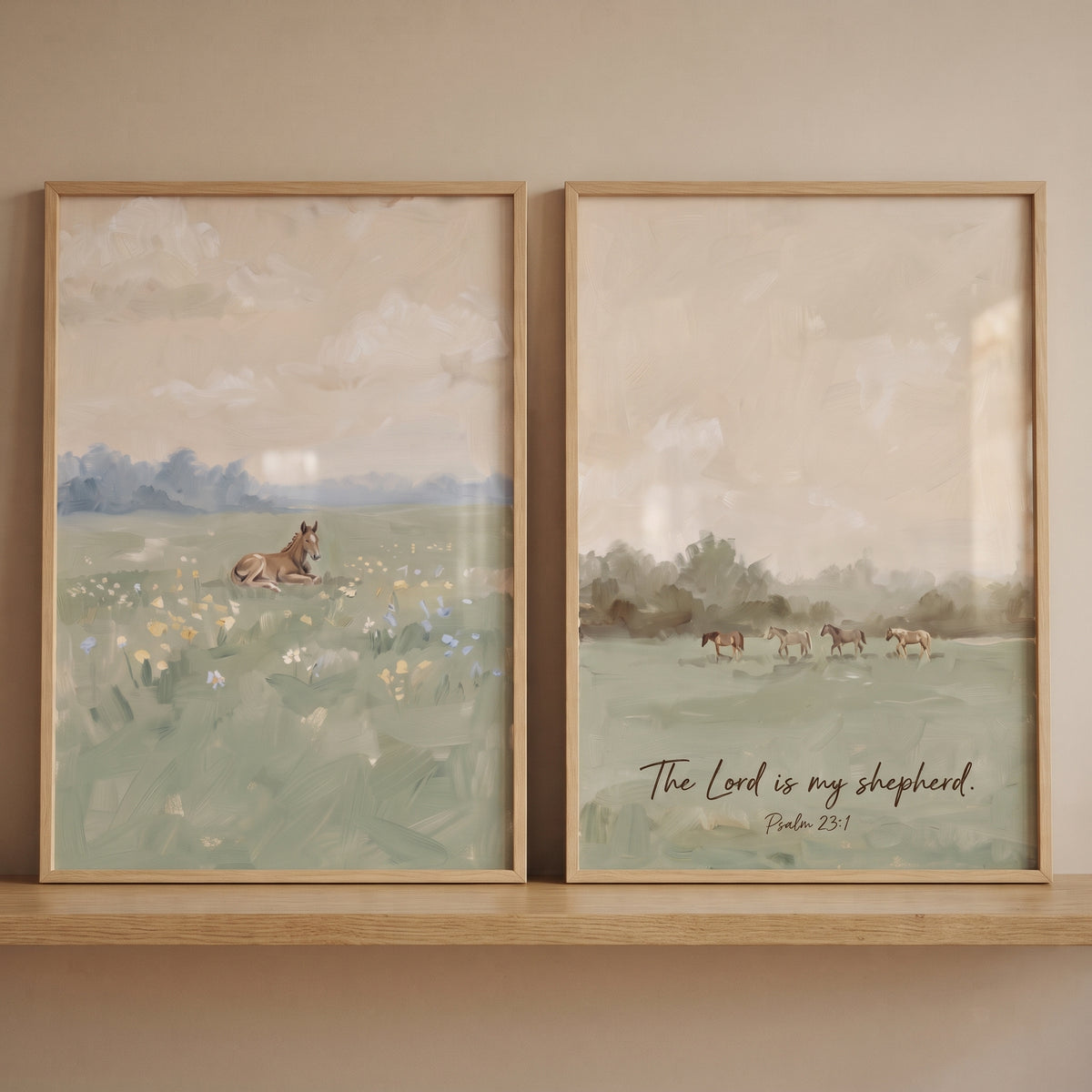 Cottagecore Apricot Sky Horse Wall Art Set of 2 - Pastoral Psalm View