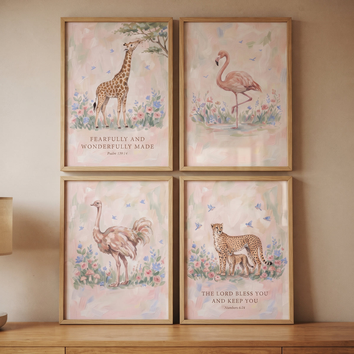 Cottagecore Blossom Safari Animals Wall Art Set of 4 - Scripture Safari Scenes