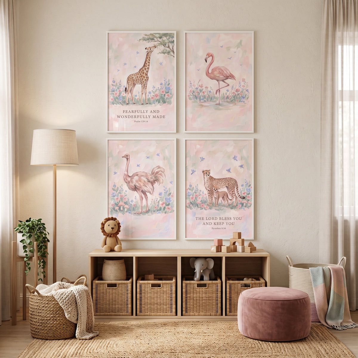 Cottagecore Blossom Safari Animals Wall Art Set of 4 - Scripture Safari Scenes
