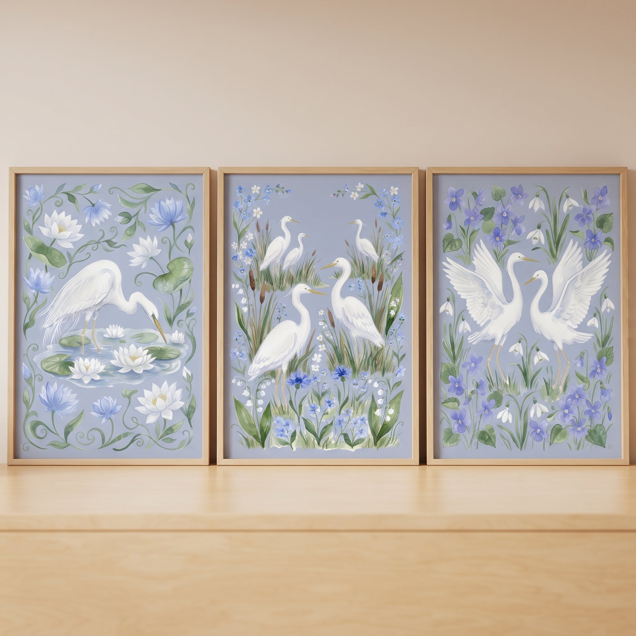 Cottagecore Blue White Egret Bird Wall Art Set of 3 - Azure Egret Garden