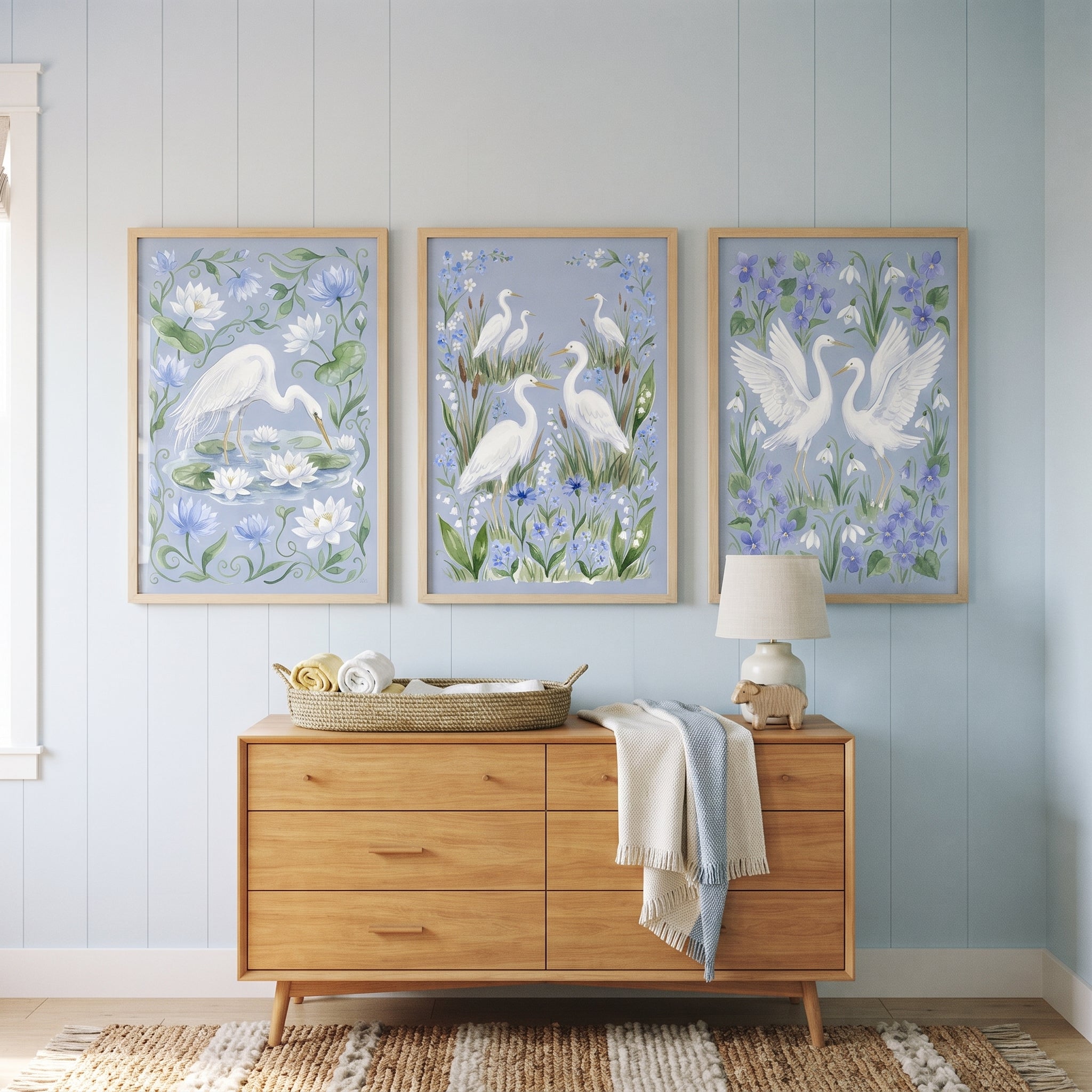 Cottagecore Blue White Egret Bird Wall Art Set of 3 - Azure Egret Garden