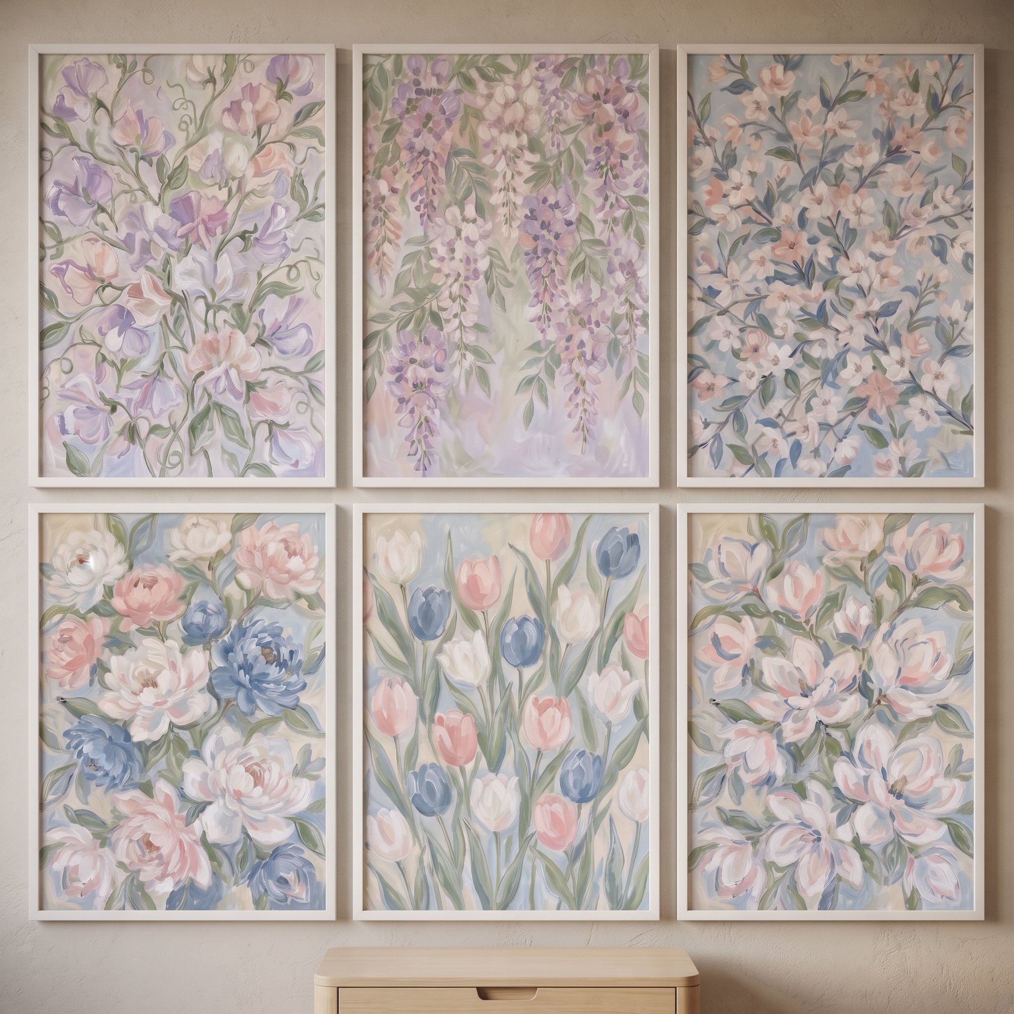 Cottagecore Blush Garden Floral Wall Art Set of 6 - Pastel Garden Suite
