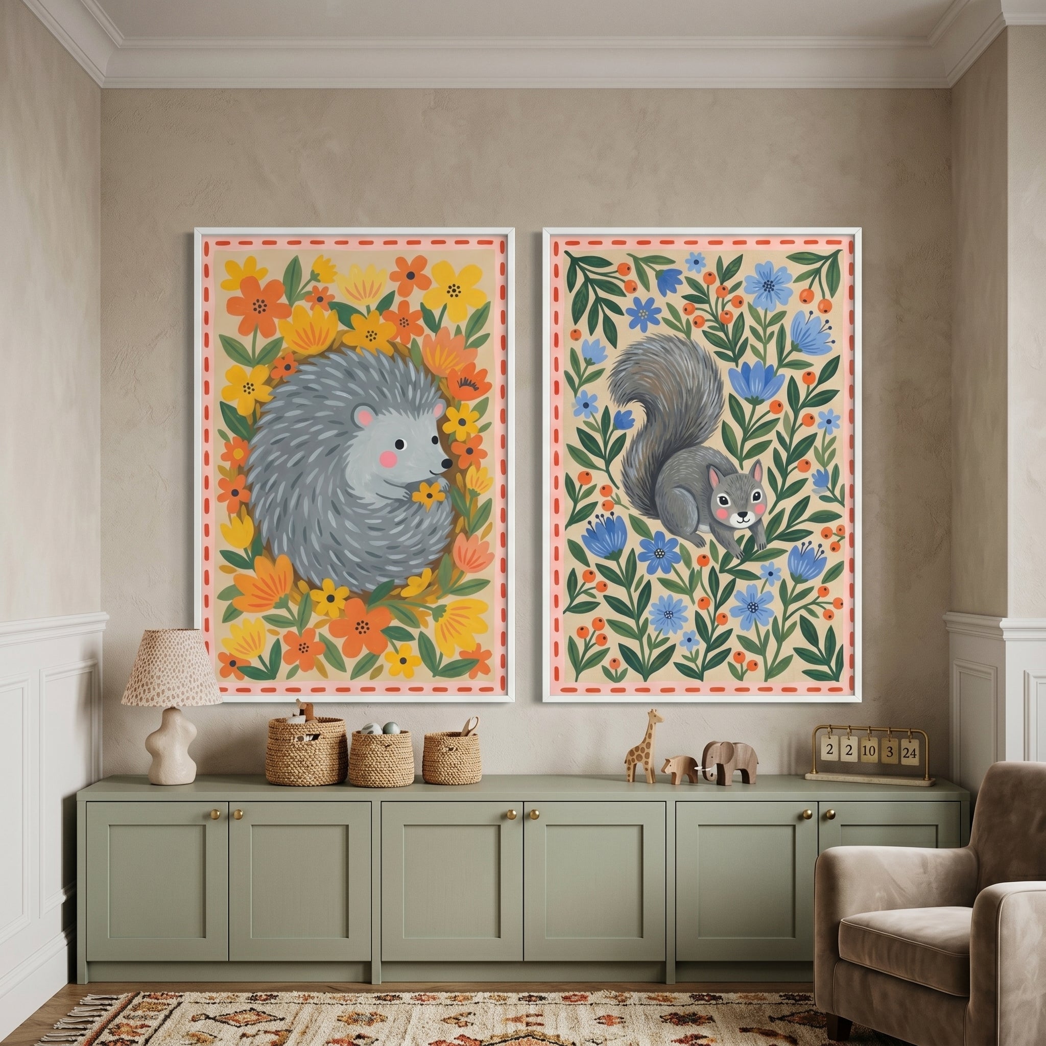 Cottagecore Botanical Forest Animal Wall Art Set Of 2 - Woodland Meadow Friends