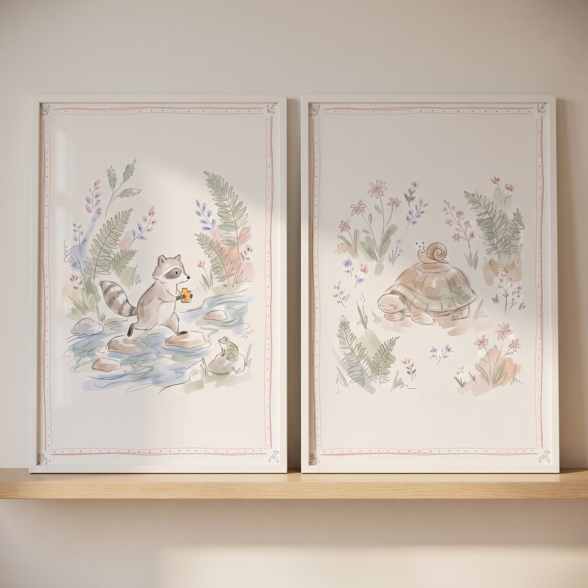 Cottagecore Botanical Woodland Animal Wall Art Set of 2 - Gentle Nature Scenes