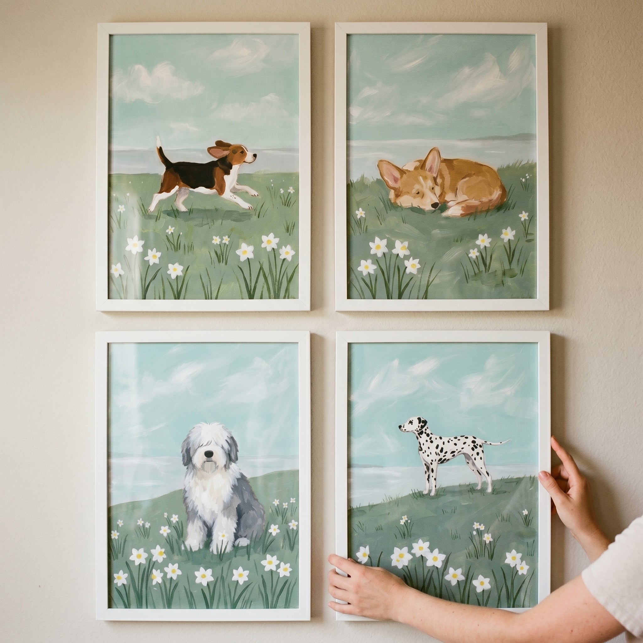 Cottagecore Daisy Field Dog Wall Art Set of 4 - Meadow Paws