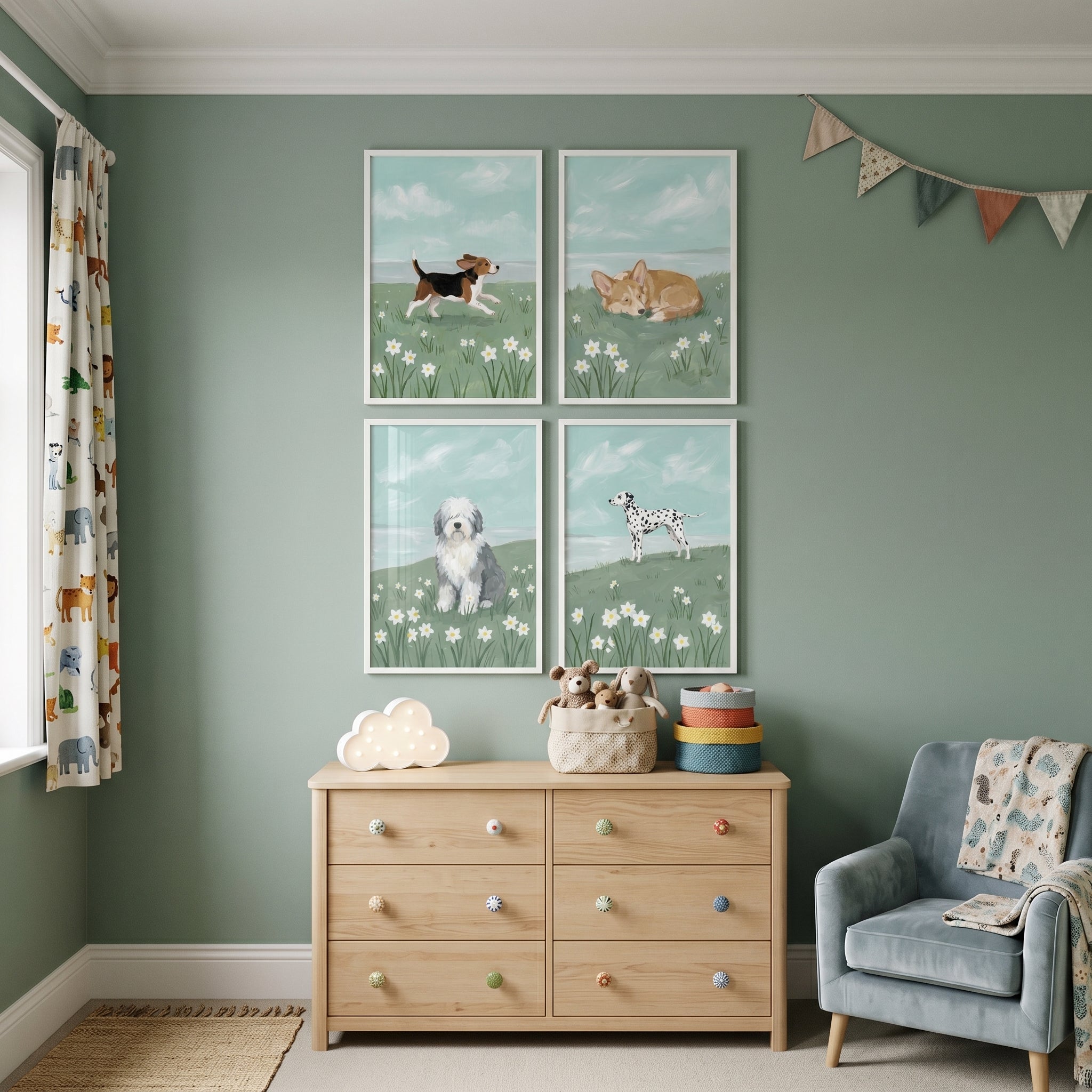 Cottagecore Daisy Field Dog Wall Art Set of 4 - Meadow Paws