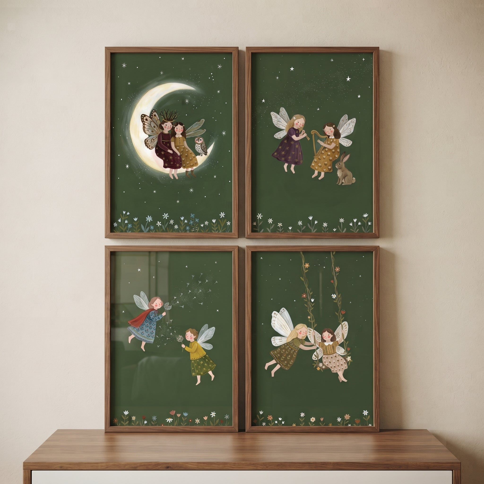 Cottagecore Dark Green Fairies Wall Art Set of 4 - Enchanted Starlight Fairies