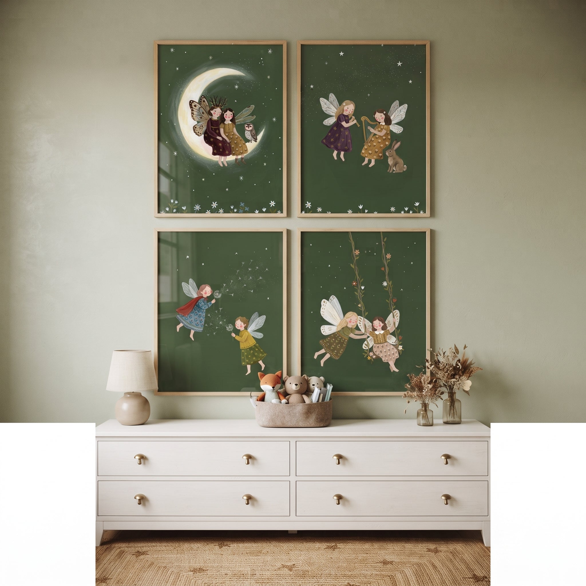 Cottagecore Dark Green Fairies Wall Art Set of 4 - Enchanted Starlight Fairies