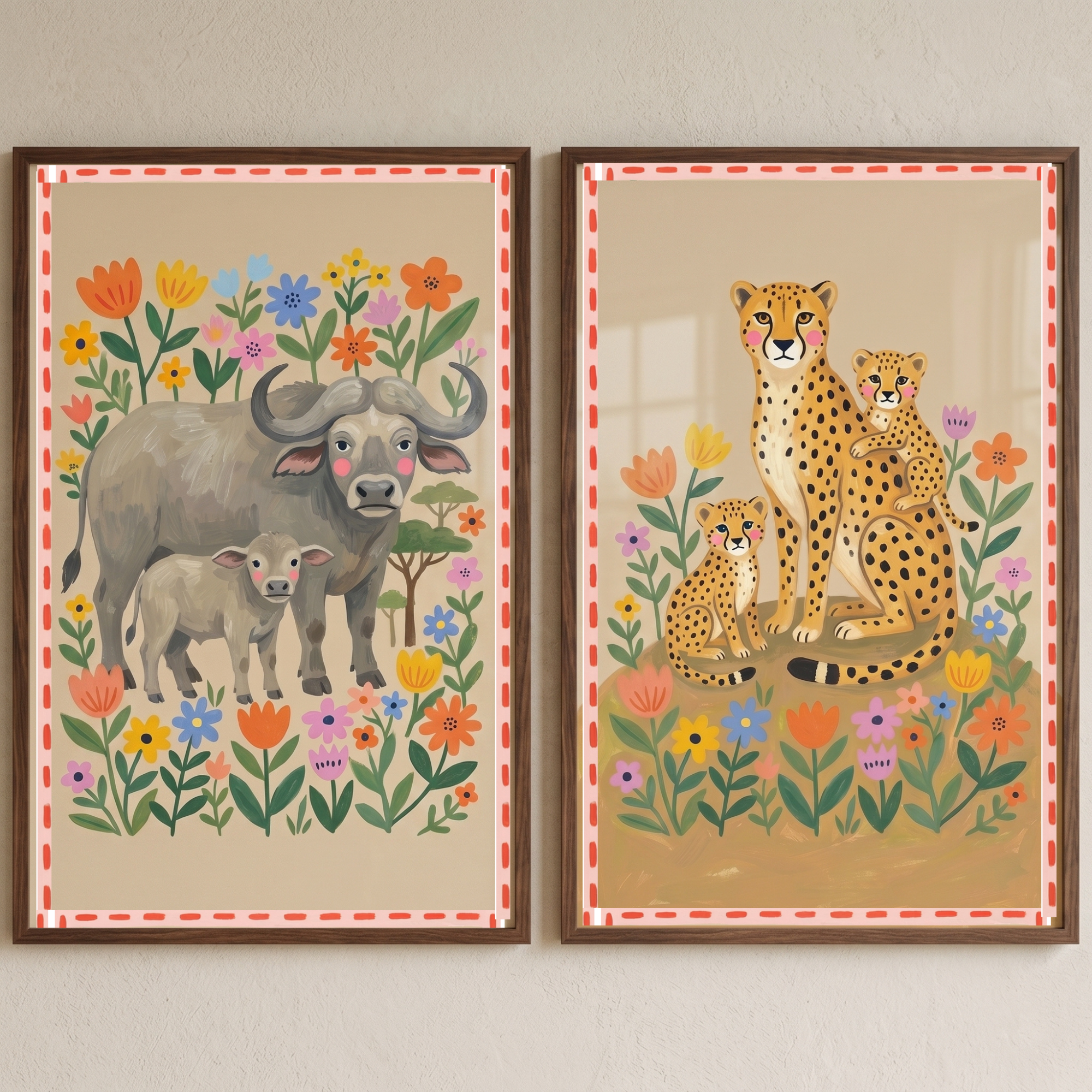 Cottagecore Floral Safari Animal Wall Art Set Of 2 - Wild Savannah Love