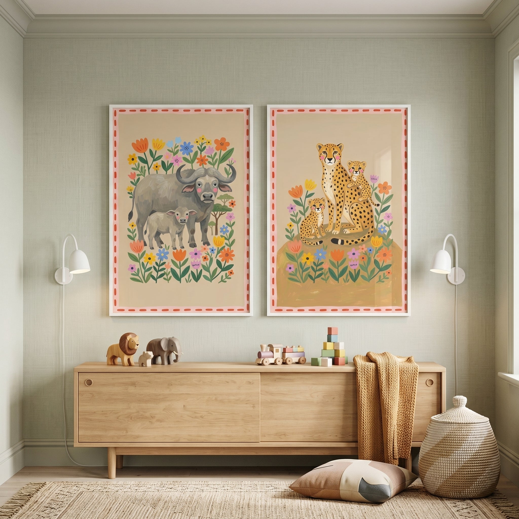 Cottagecore Floral Safari Animal Wall Art Set Of 2 - Wild Savannah Love