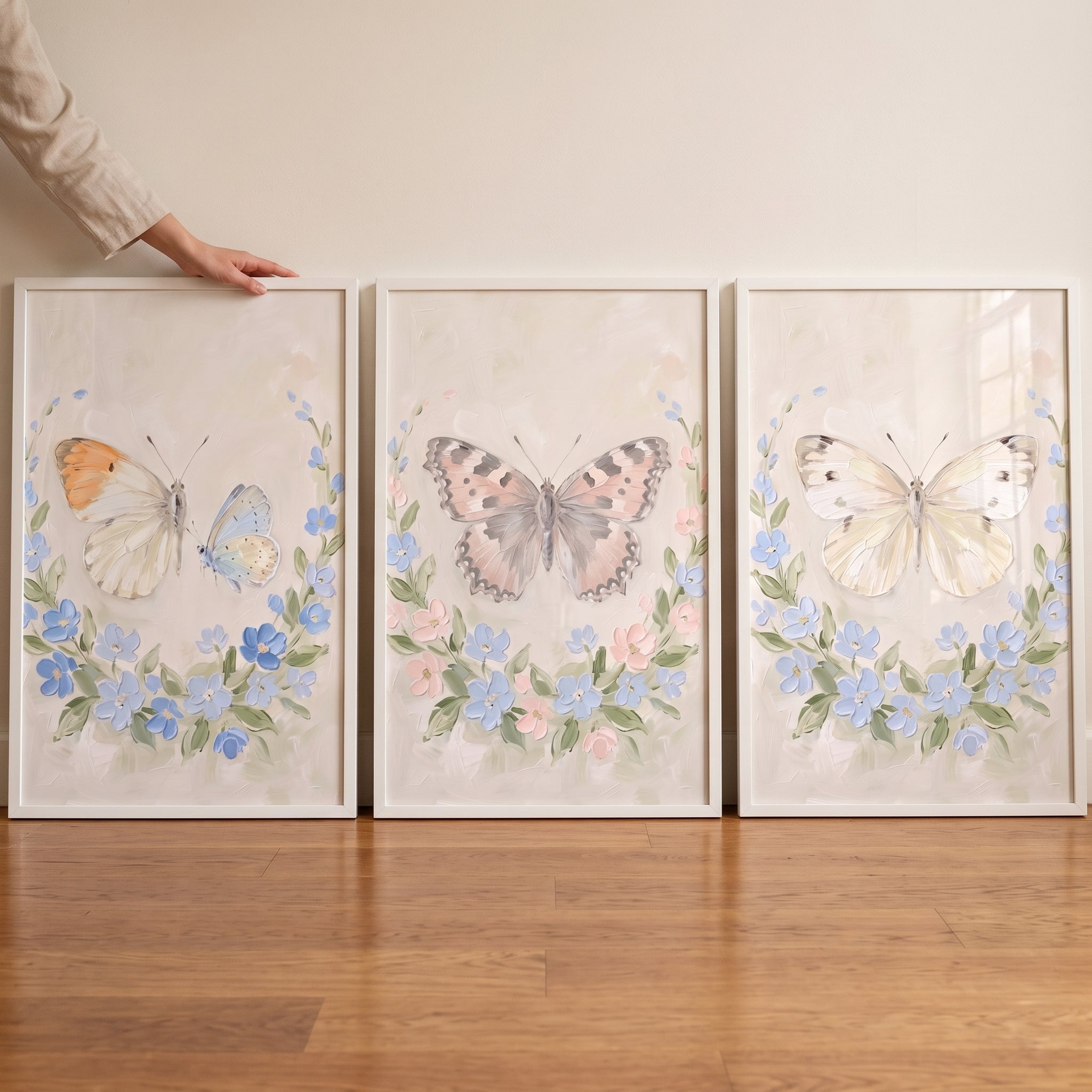 Cottagecore Floral Wreath Butterfly Wall Art Set of 3 - Butterfly Garden Trio