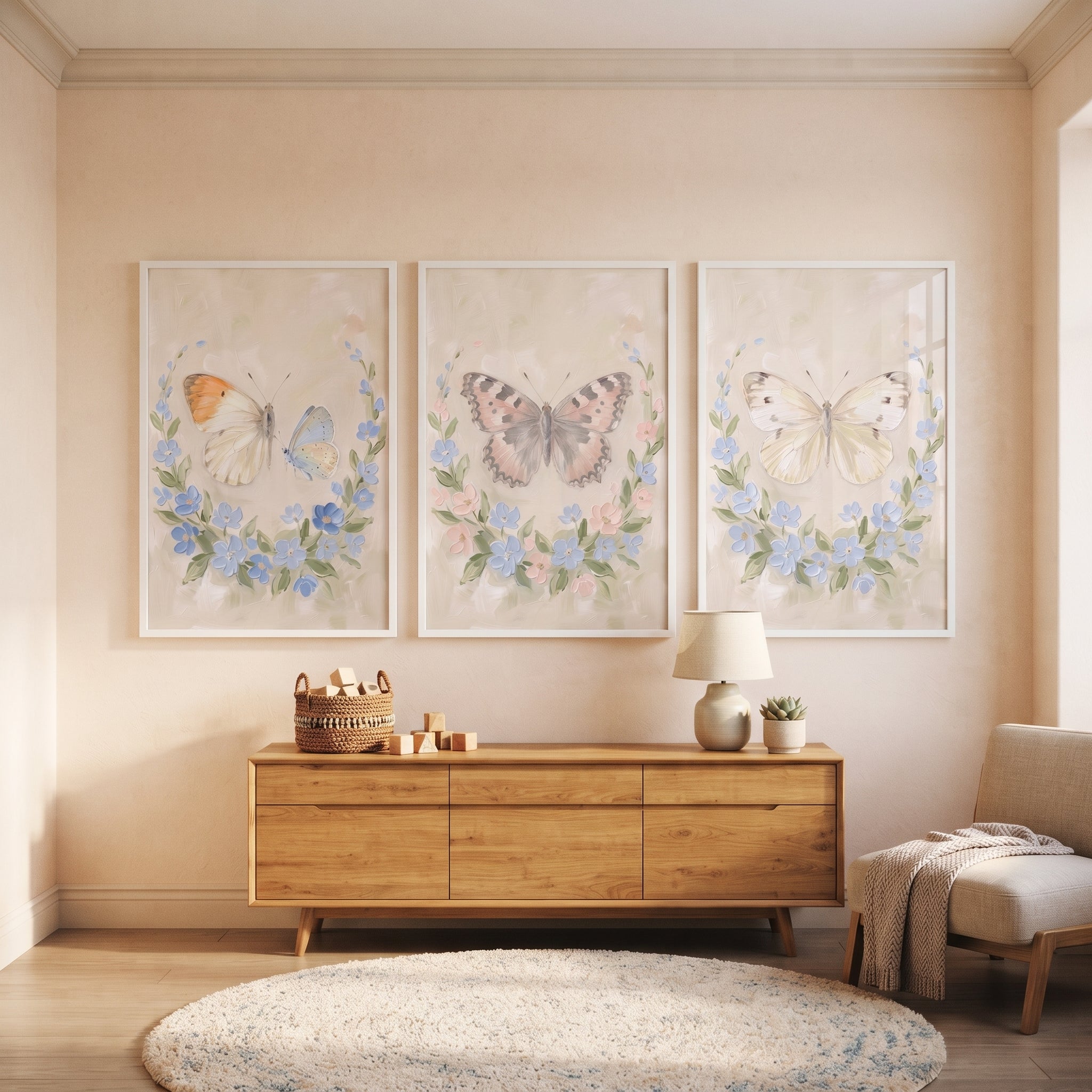 Cottagecore Floral Wreath Butterfly Wall Art Set of 3 - Butterfly Garden Trio