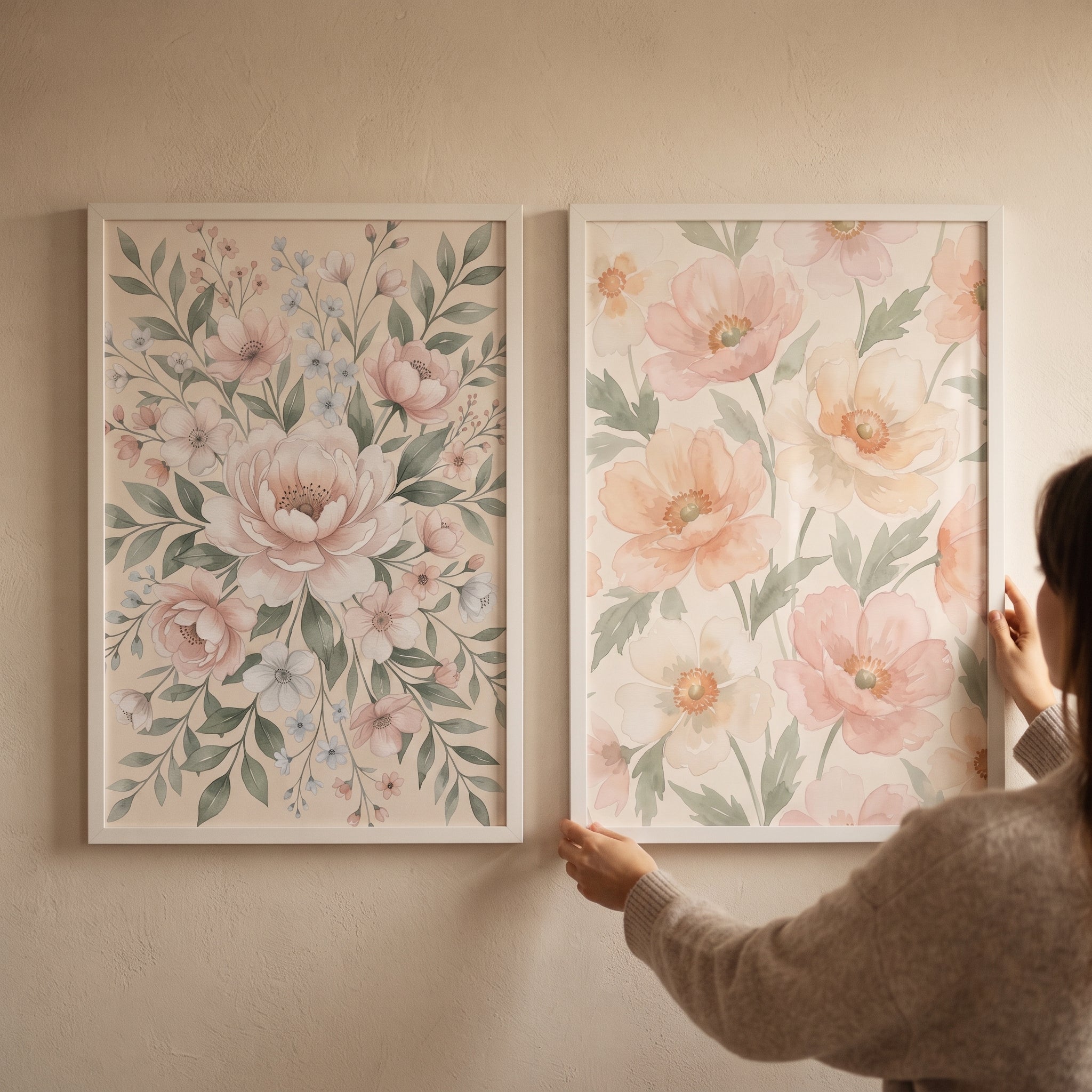 Cottagecore Muted Floral Wall Art Set Of 2 - Pastel Petal Garden