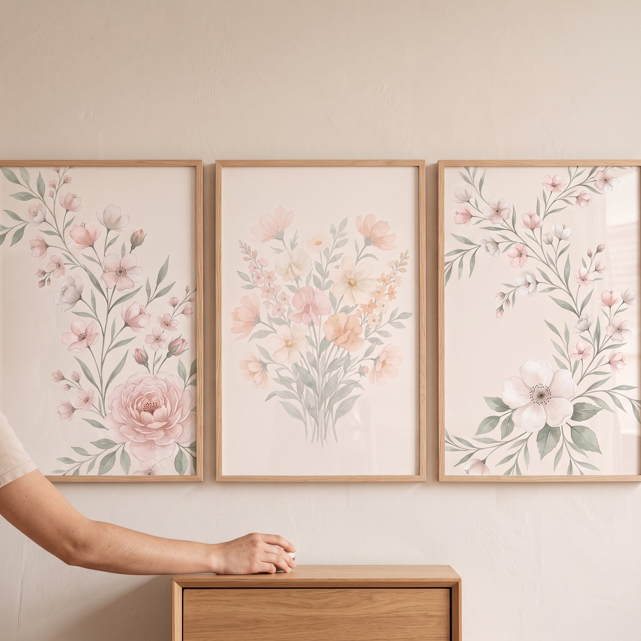 Cottagecore Muted Garden Wall Art Set of 3 - Blush Floral Trio