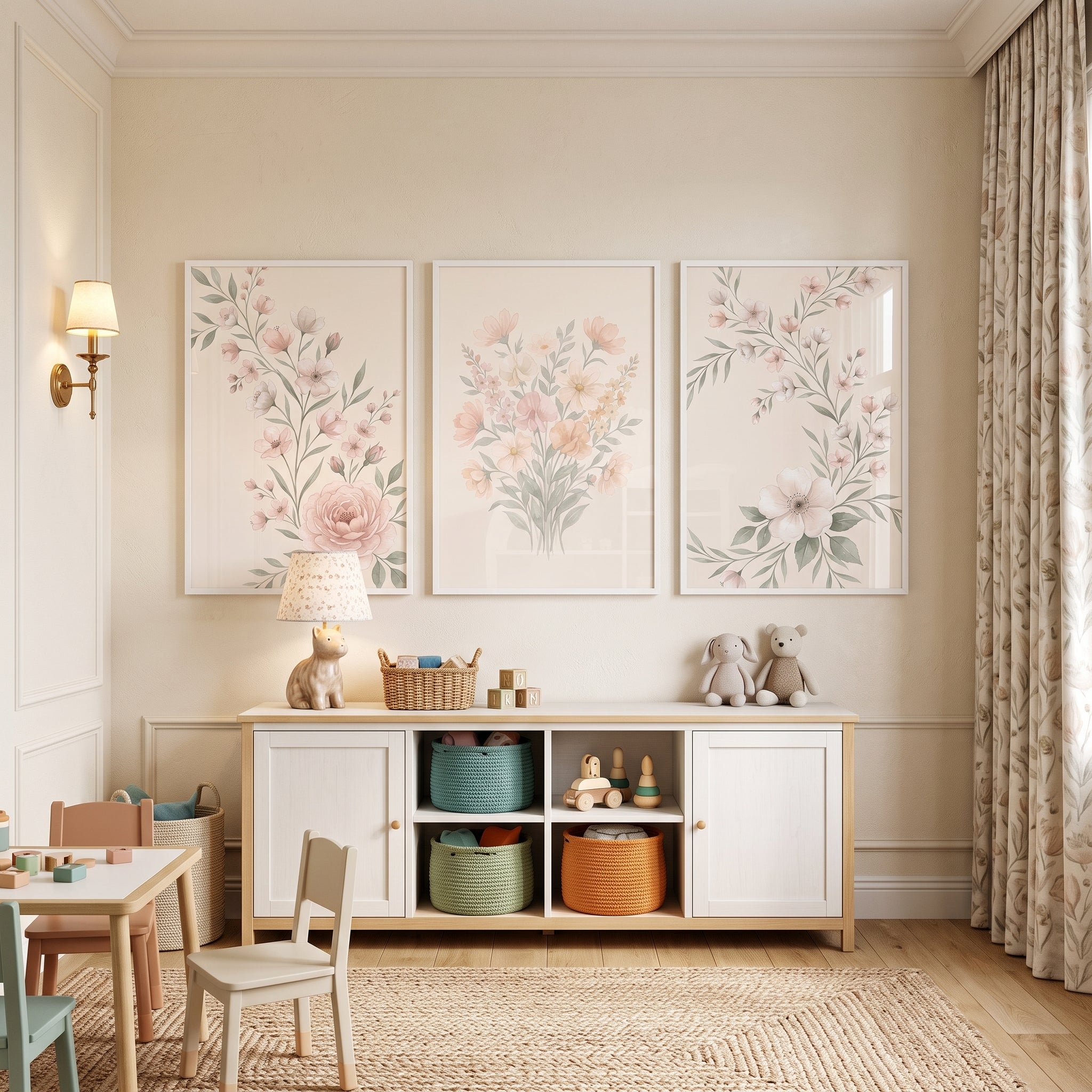 Cottagecore Muted Garden Wall Art Set of 3 - Blush Floral Trio