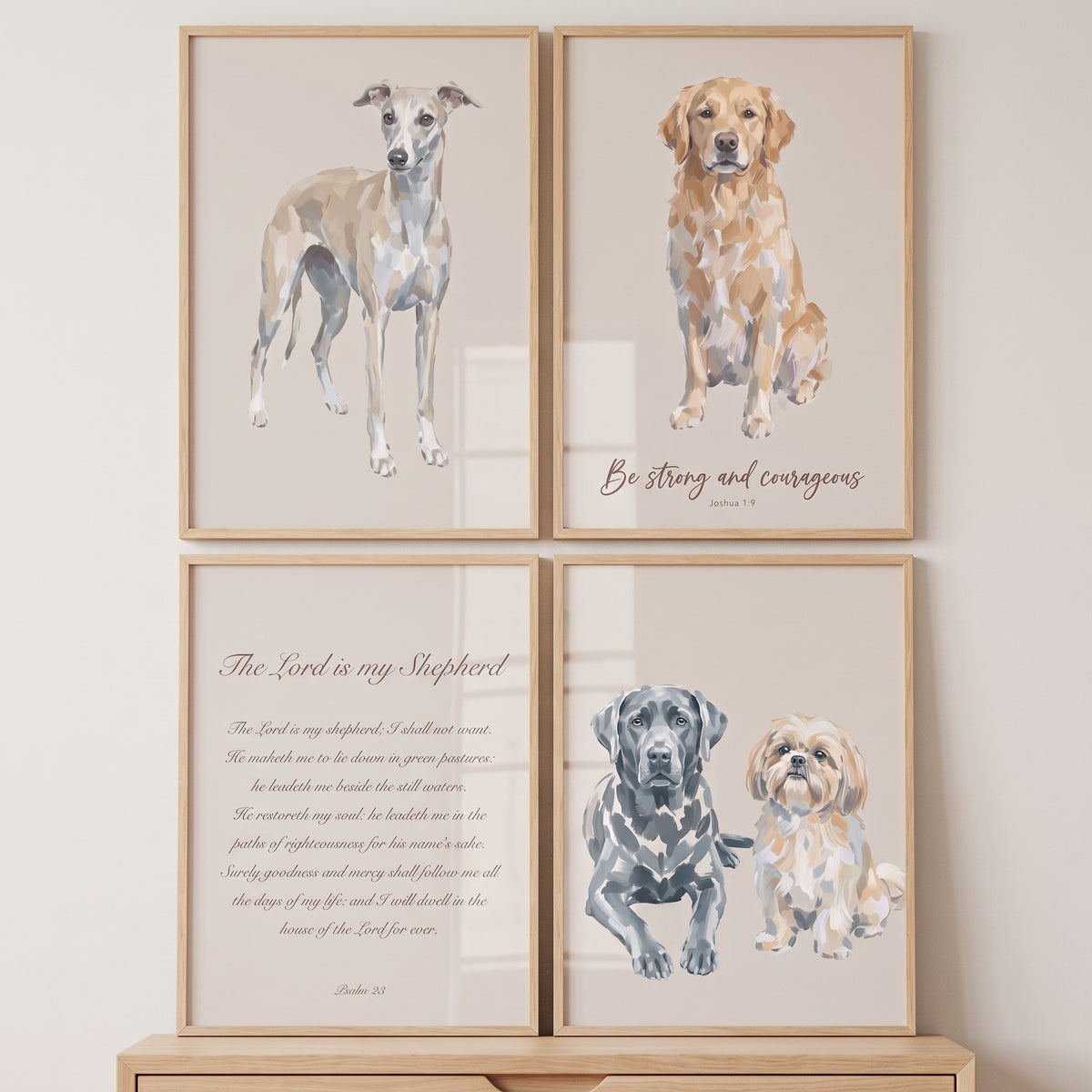 Cottagecore Neutral Watercolor Dogs Artwork Set of 4 - Faithful Canine Verses