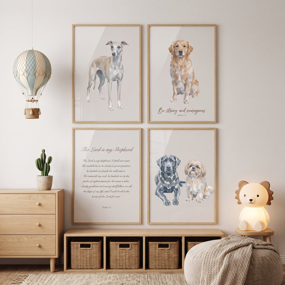 Cottagecore Neutral Watercolor Dogs Artwork Set of 4 - Faithful Canine Verses