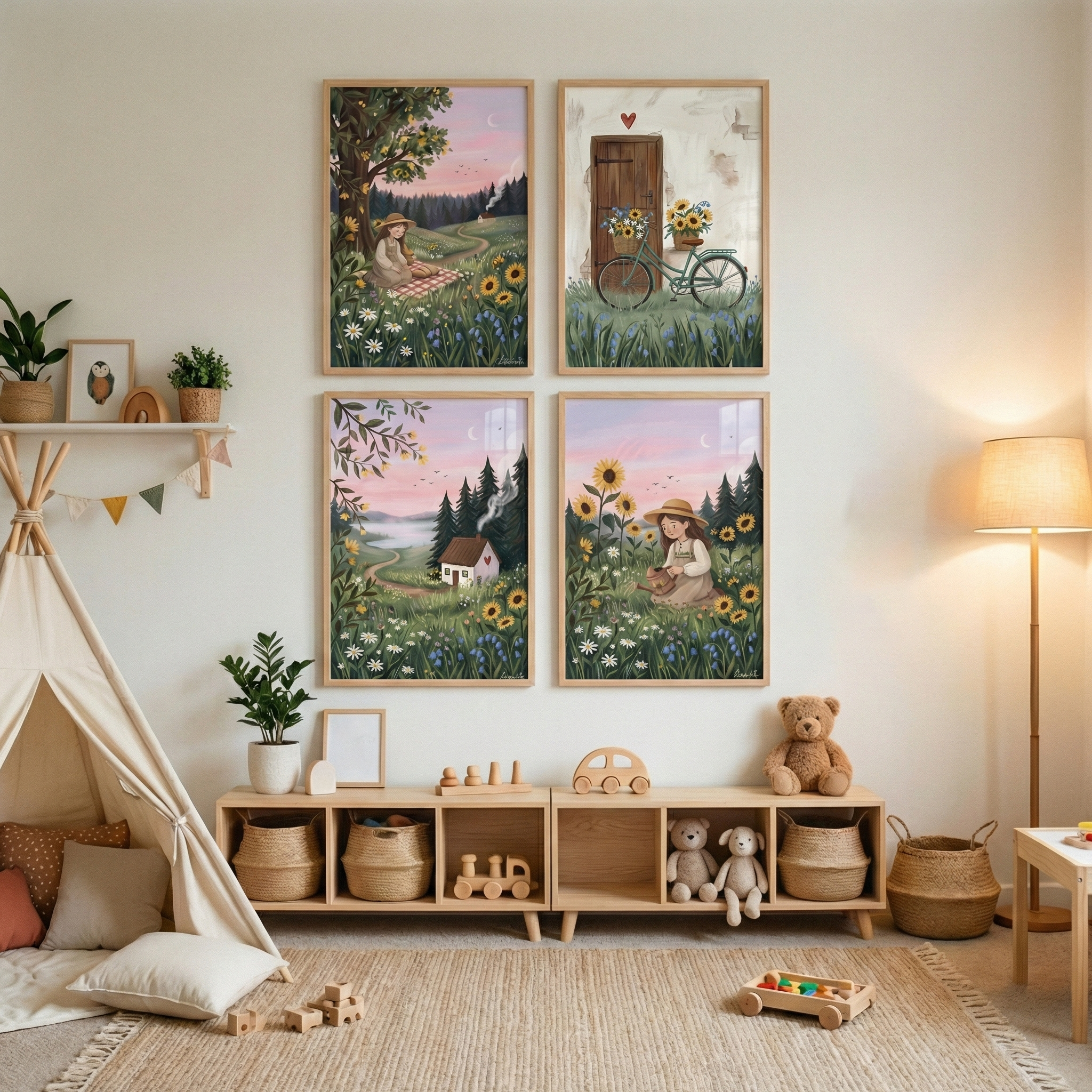 Cottagecore Nursery Wall Art Set of 4 - Cottage Garden Dreams