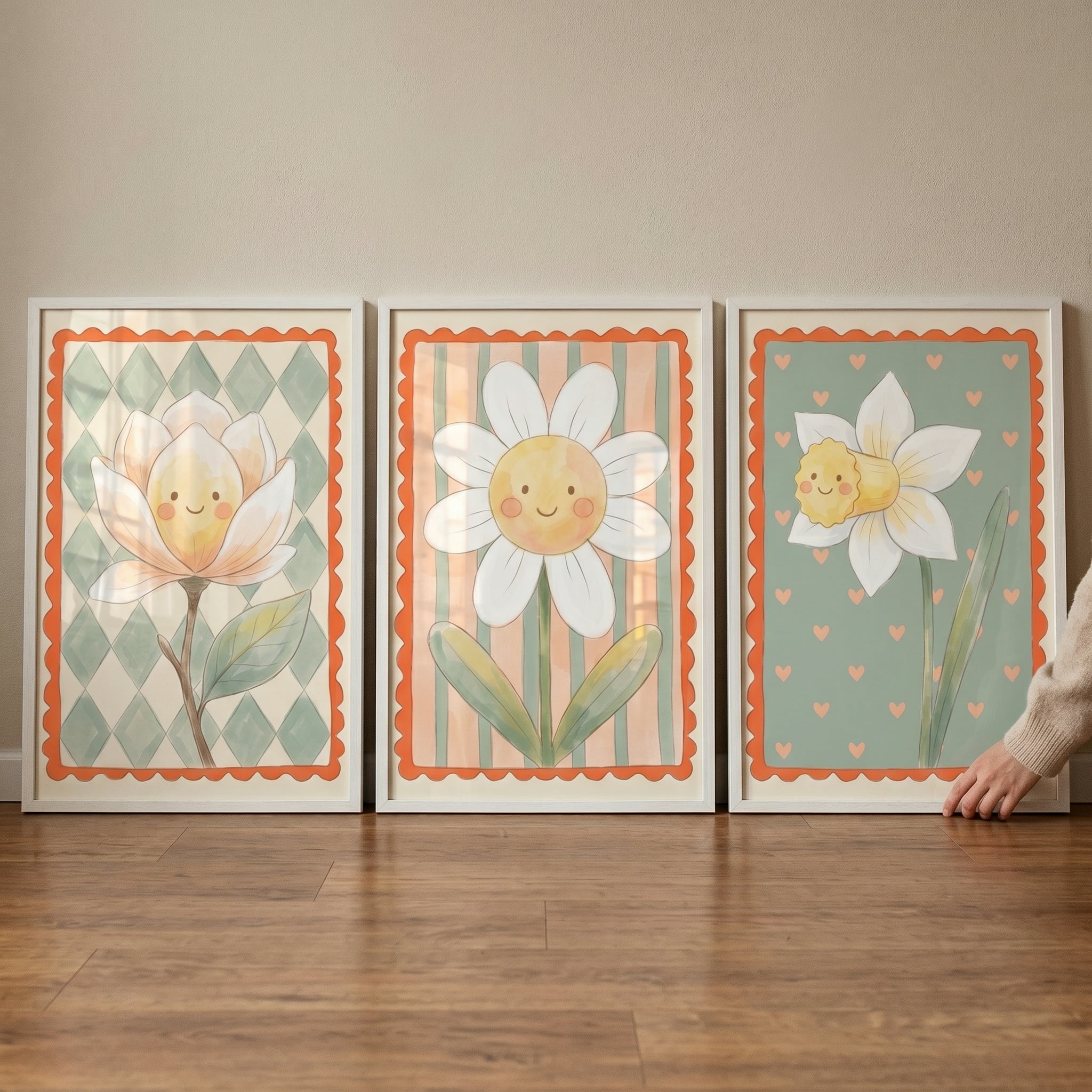 Cottagecore Pastel Smiling Flower Wall Art Set of 3 - Smiling Flower Trio