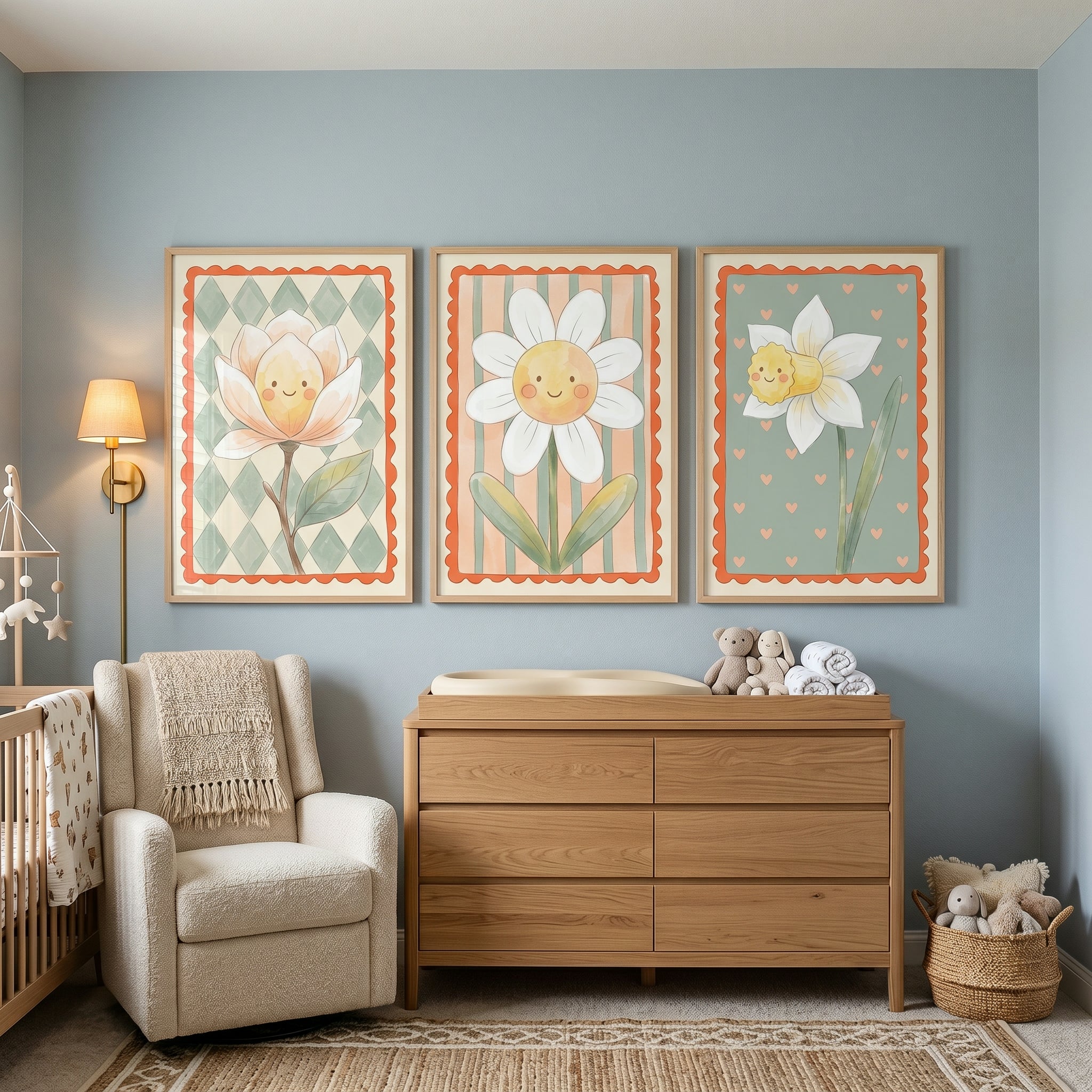 Cottagecore Pastel Smiling Flower Wall Art Set of 3 - Smiling Flower Trio