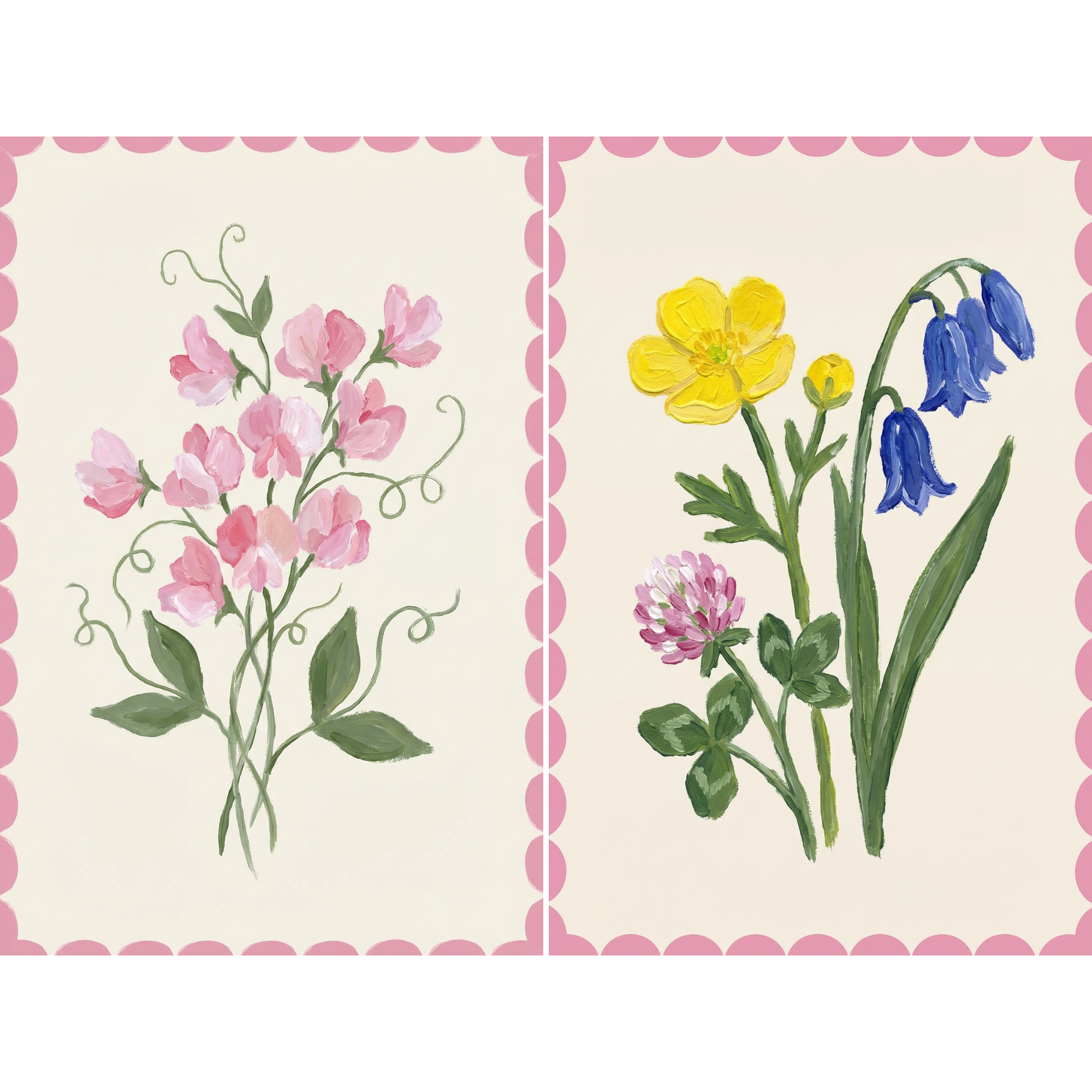 Cottagecore Pink Scalloped Wildflower Wall Art Set of 2 - Sweet Floral Duo