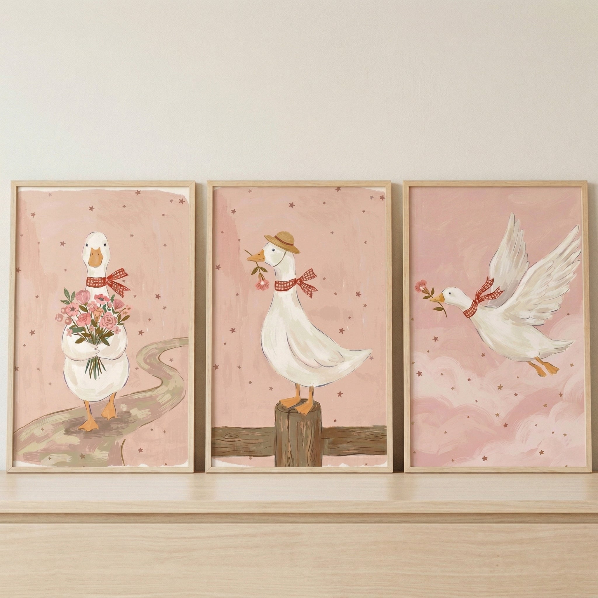 Cottagecore Red Gingham Goose Wall Art Set of 3 - Whimsical Duck Journey