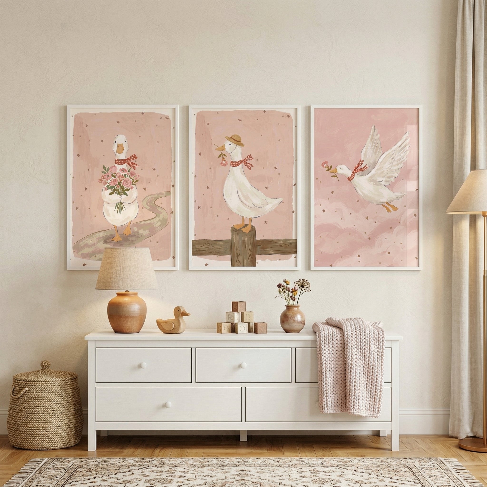 Cottagecore Red Gingham Goose Wall Art Set of 3 - Whimsical Duck Journey