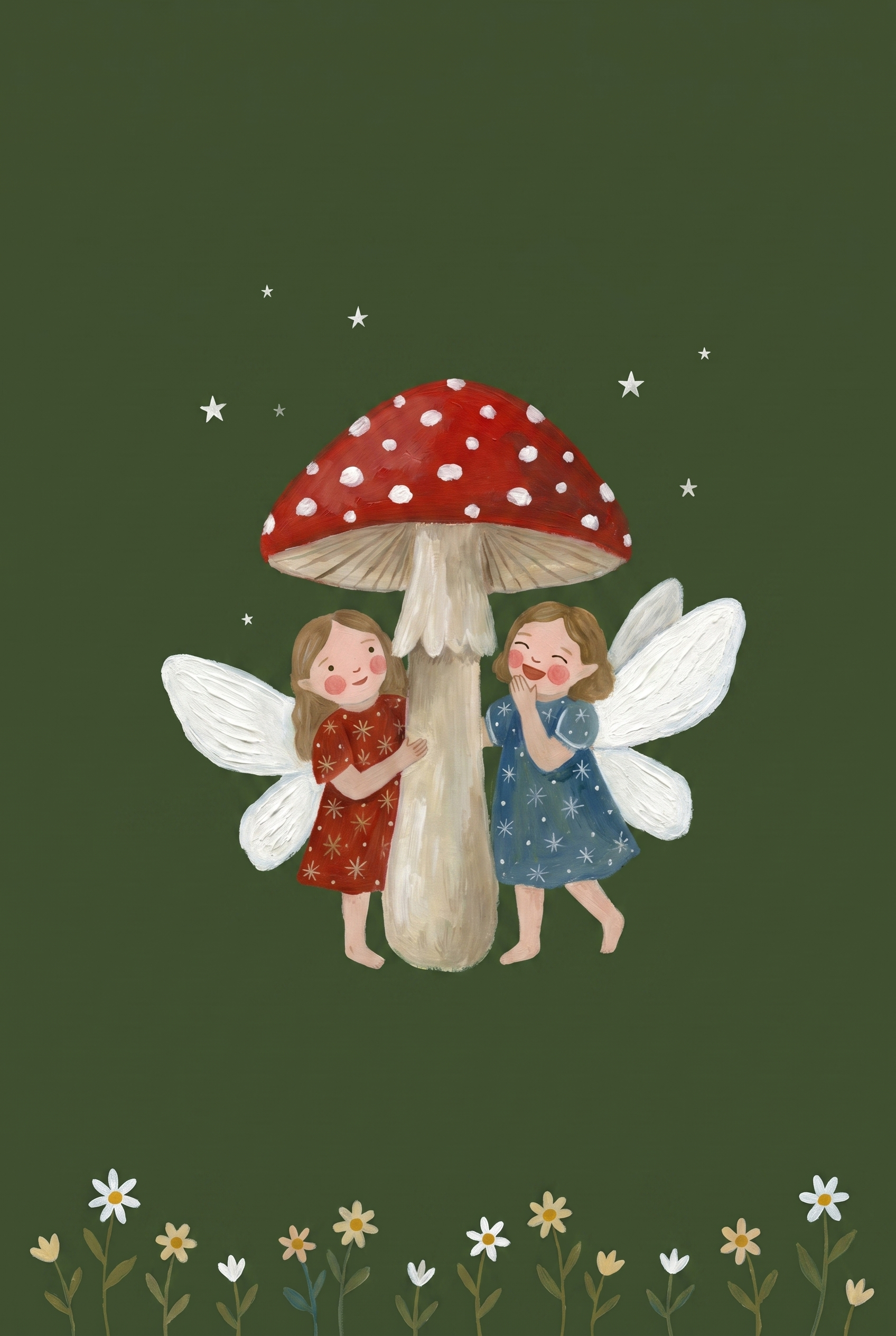 Cottagecore Red Toadstool Fairies Wall Art - Whimsical Forest Sprites