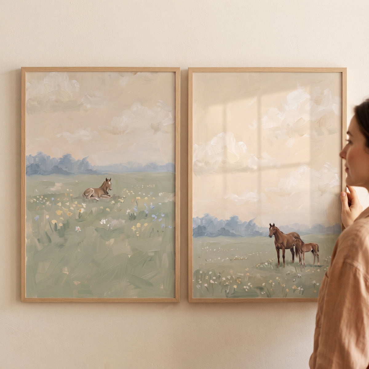 Cottagecore Sage Meadow Horse Wall Art Set of 2 - Gentle Meadow Foals
