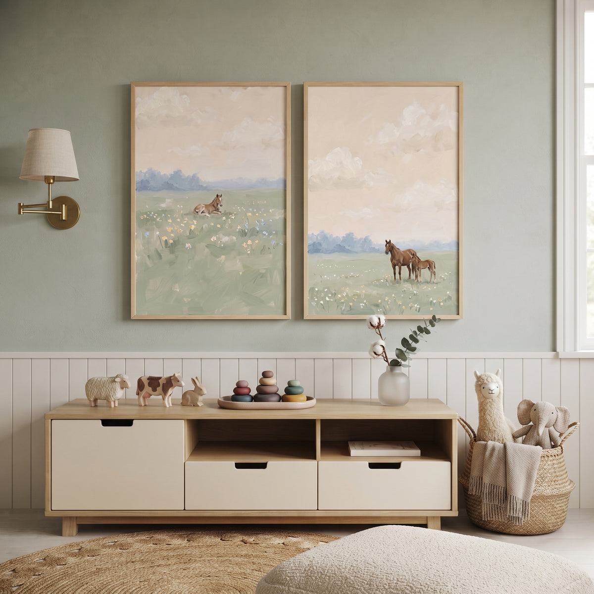 Cottagecore Sage Meadow Horse Wall Art Set of 2 - Gentle Meadow Foals