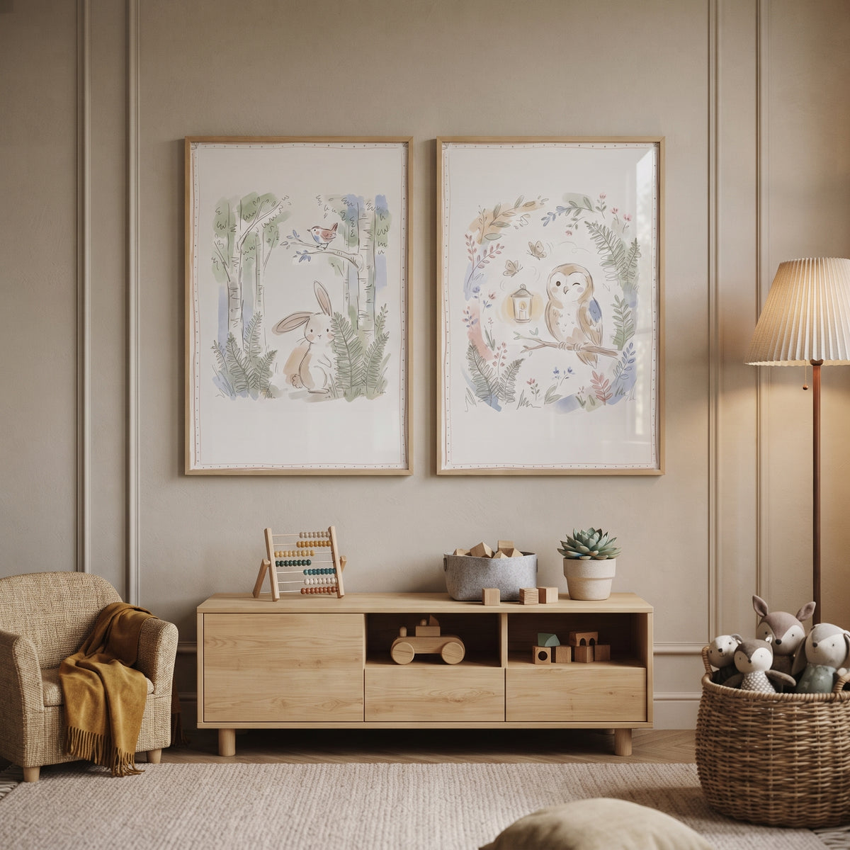Cottagecore Forest Animal Wall Art Set of 2 - Gentle Meadow Sketches