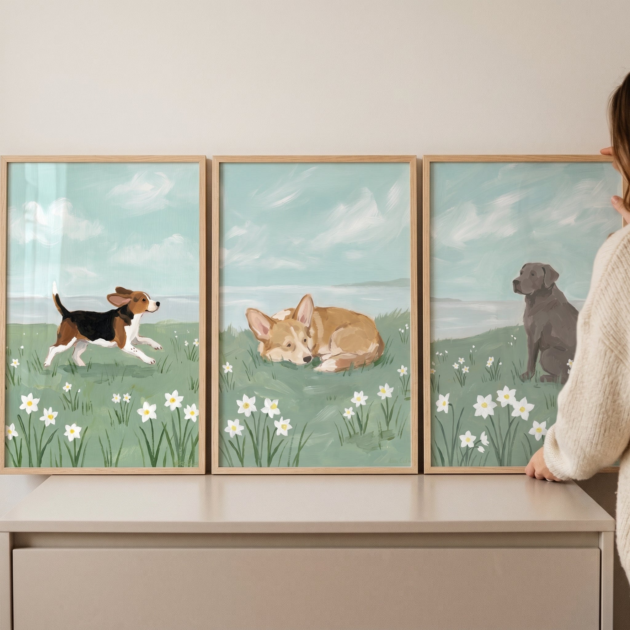 Cottagecore Spring Flower Dog Wall Art Set of 3 - Playful Meadow Pups