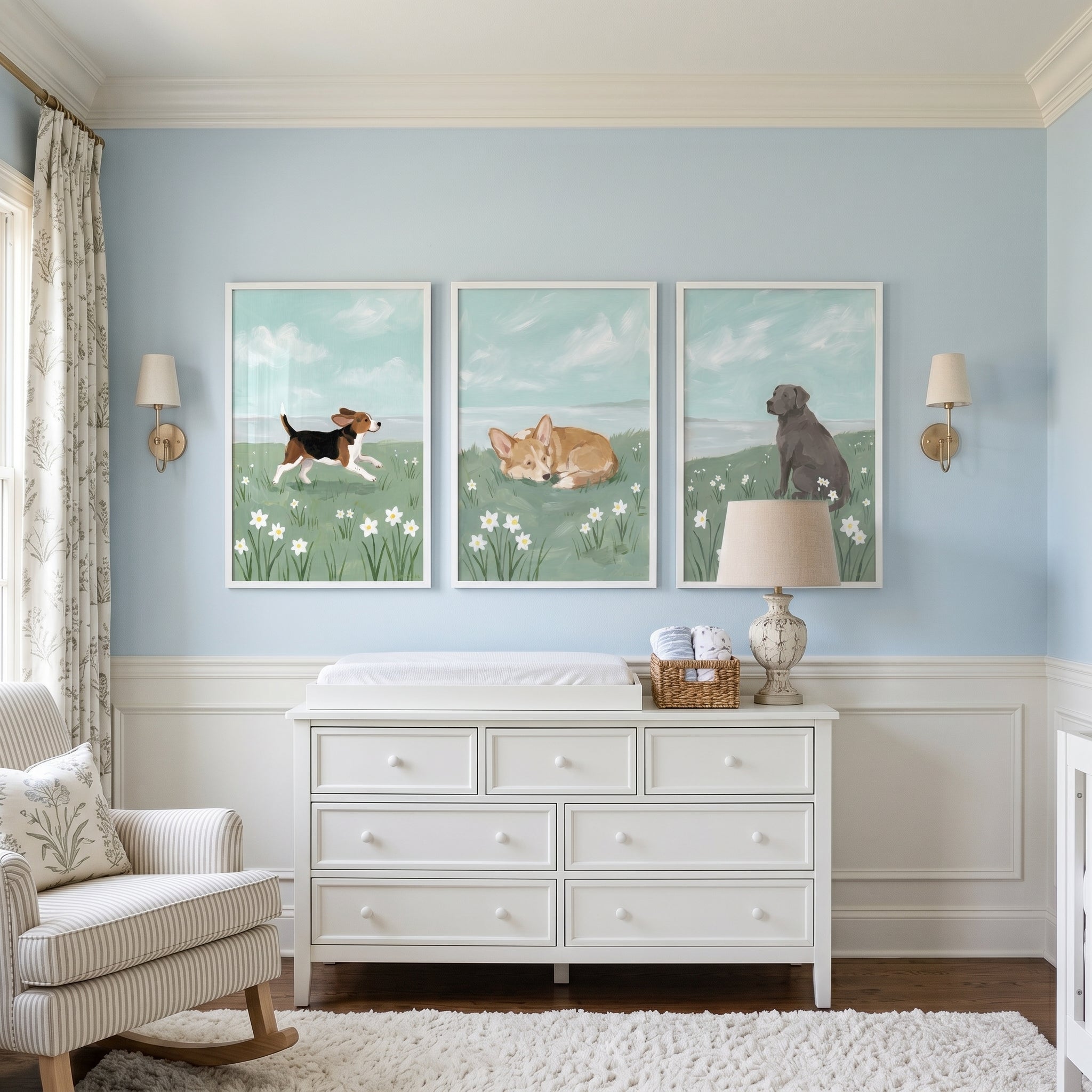 Cottagecore Spring Flower Dog Wall Art Set of 3 - Playful Meadow Pups