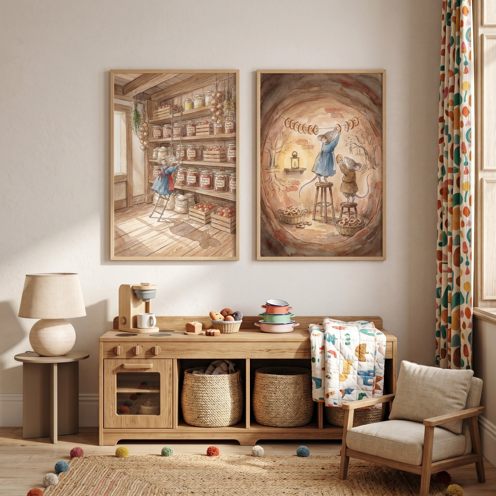 Cottagecore Vintage Style Mouse Wall Art Set of 2 - Cozy Harvest Mice