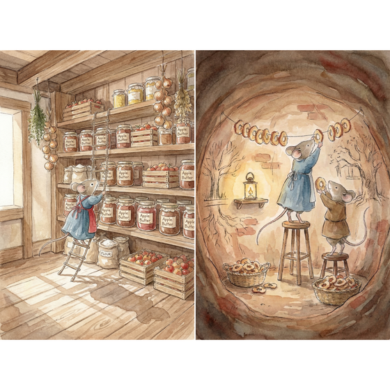 Cottagecore vintage style mouse wall art set of 2 depicts watercolor mice stocking a pantry and hanging dried food.