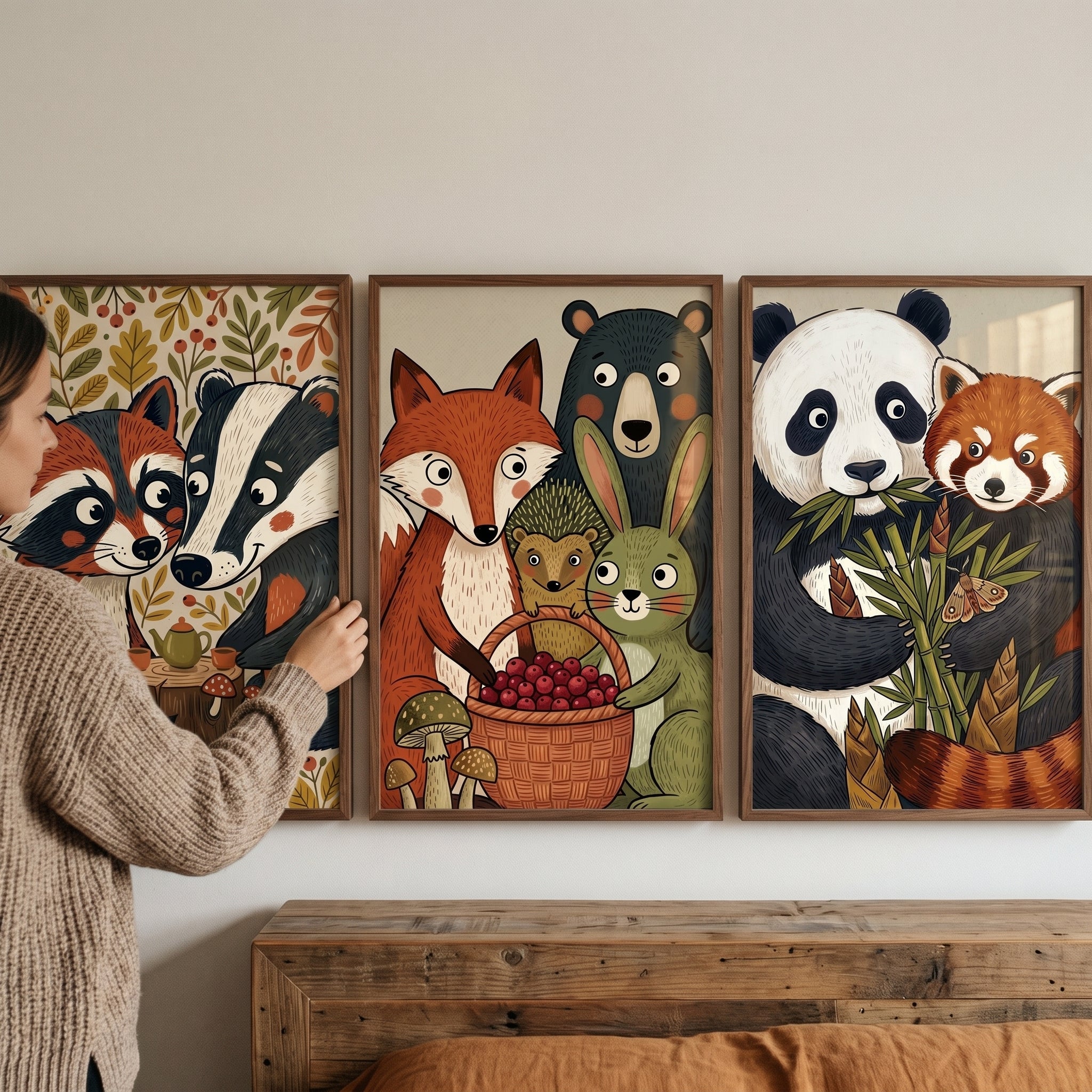 Cottagecore Warm Woodland Animals Wall Art Set of 3 - Woodland Animal Friends