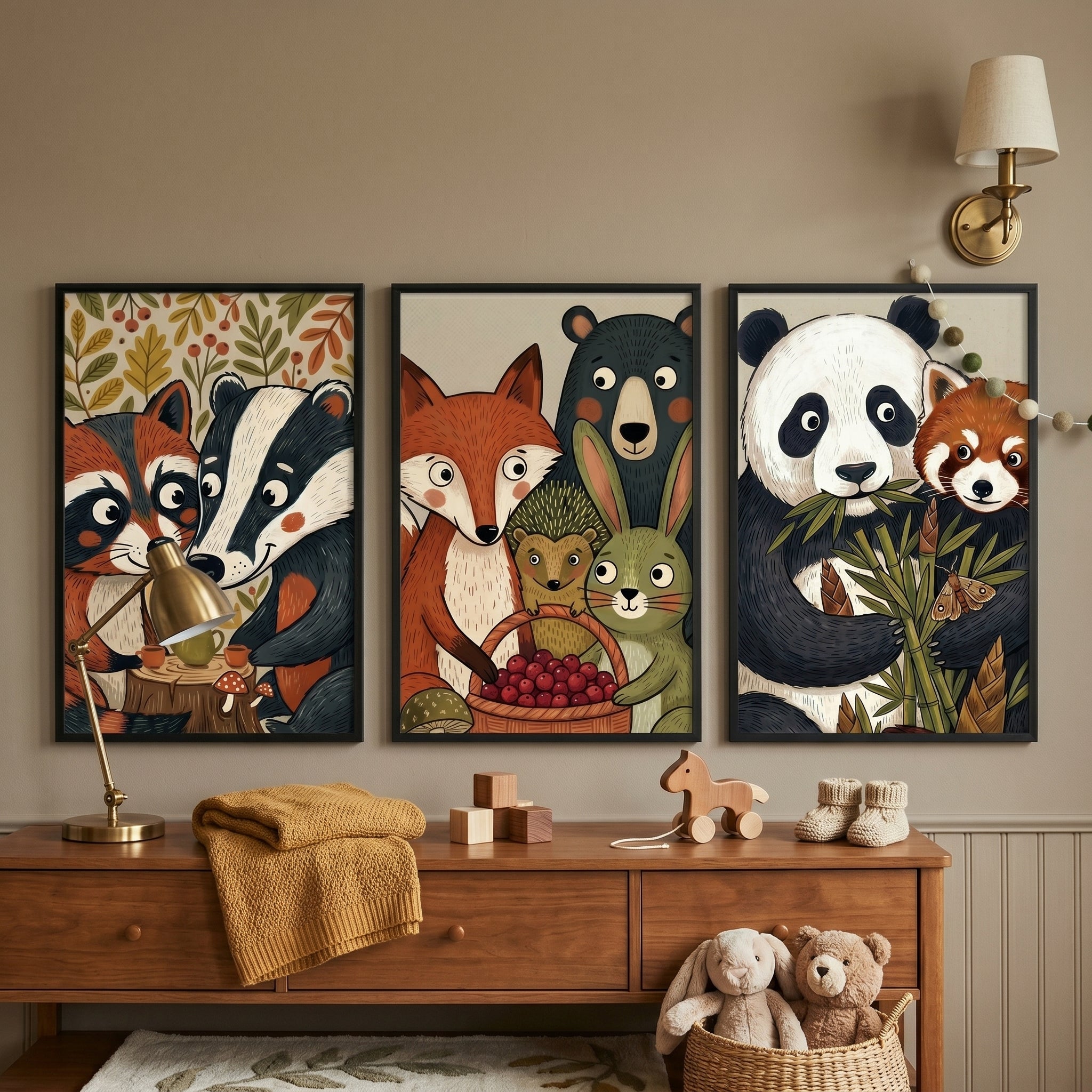 Cottagecore Warm Woodland Animals Wall Art Set of 3 - Woodland Animal Friends