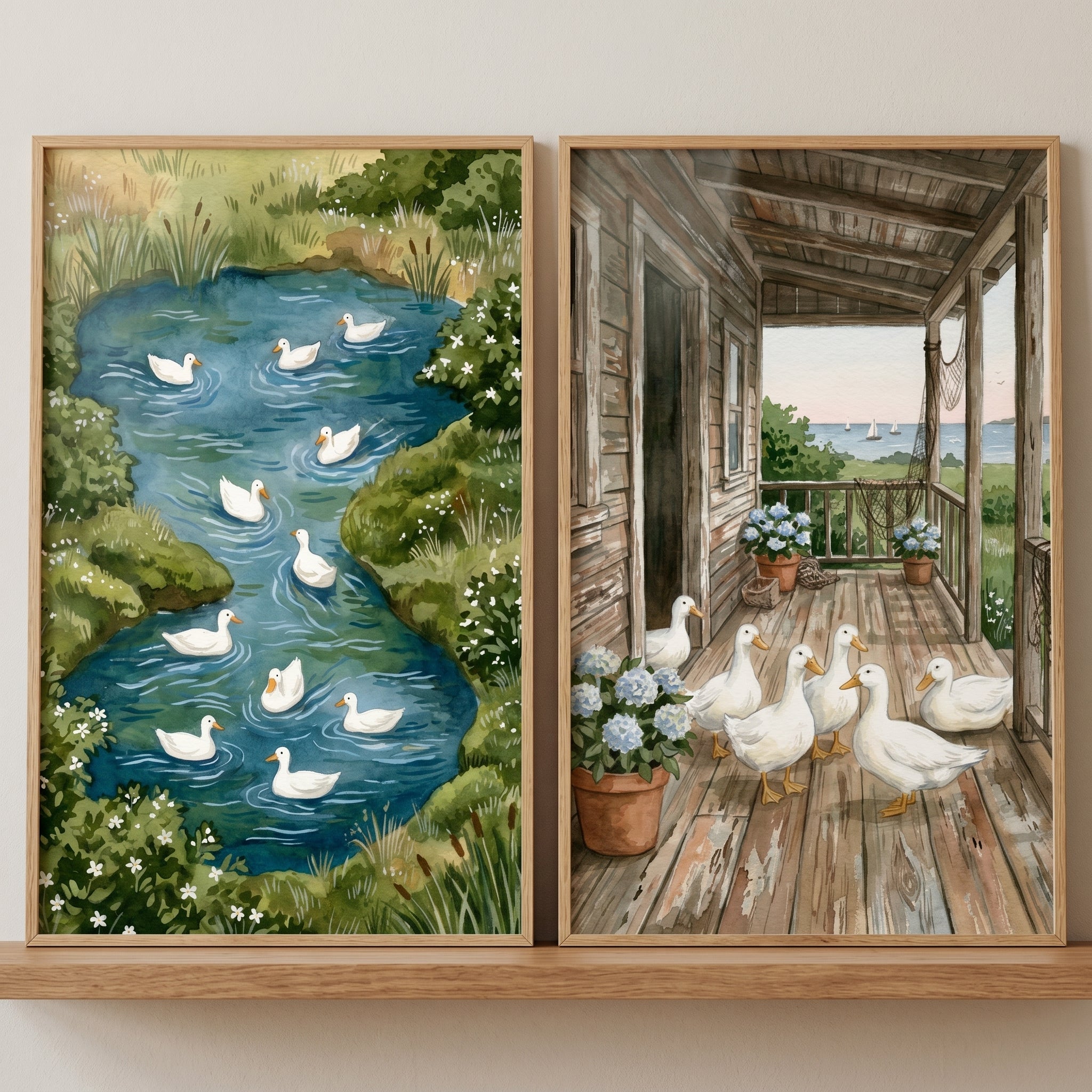 Cottagecore White Duck Wall Art Set of 2 - Serene Duck Haven